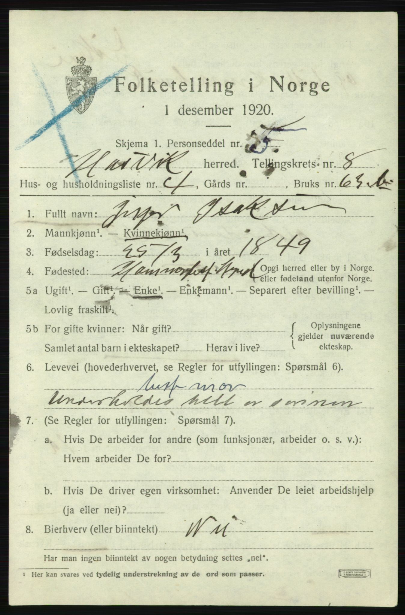 SATØ, 1920 census for Hasvik, 1920, p. 3081