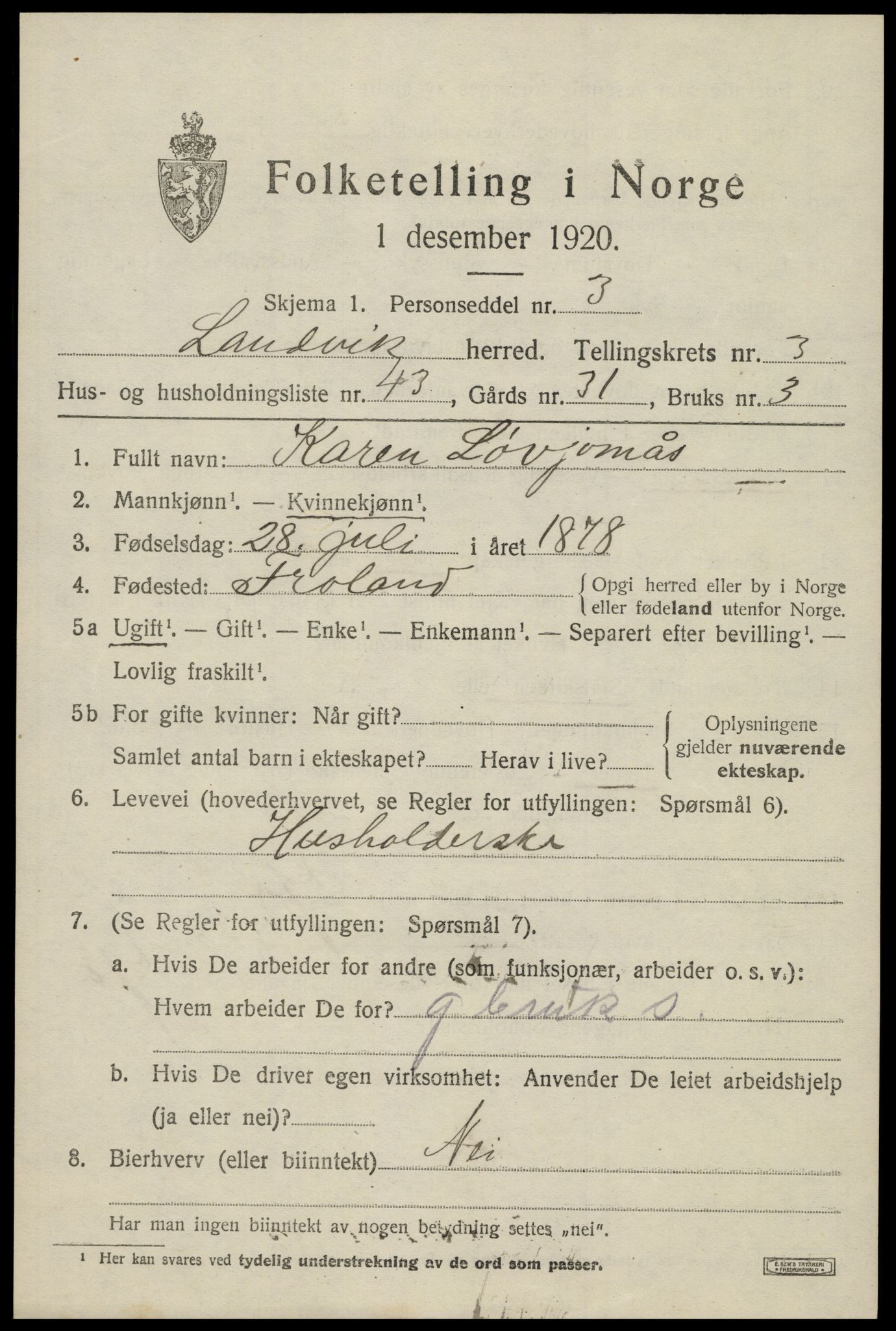 SAK, 1920 census for Landvik, 1920, p. 3322