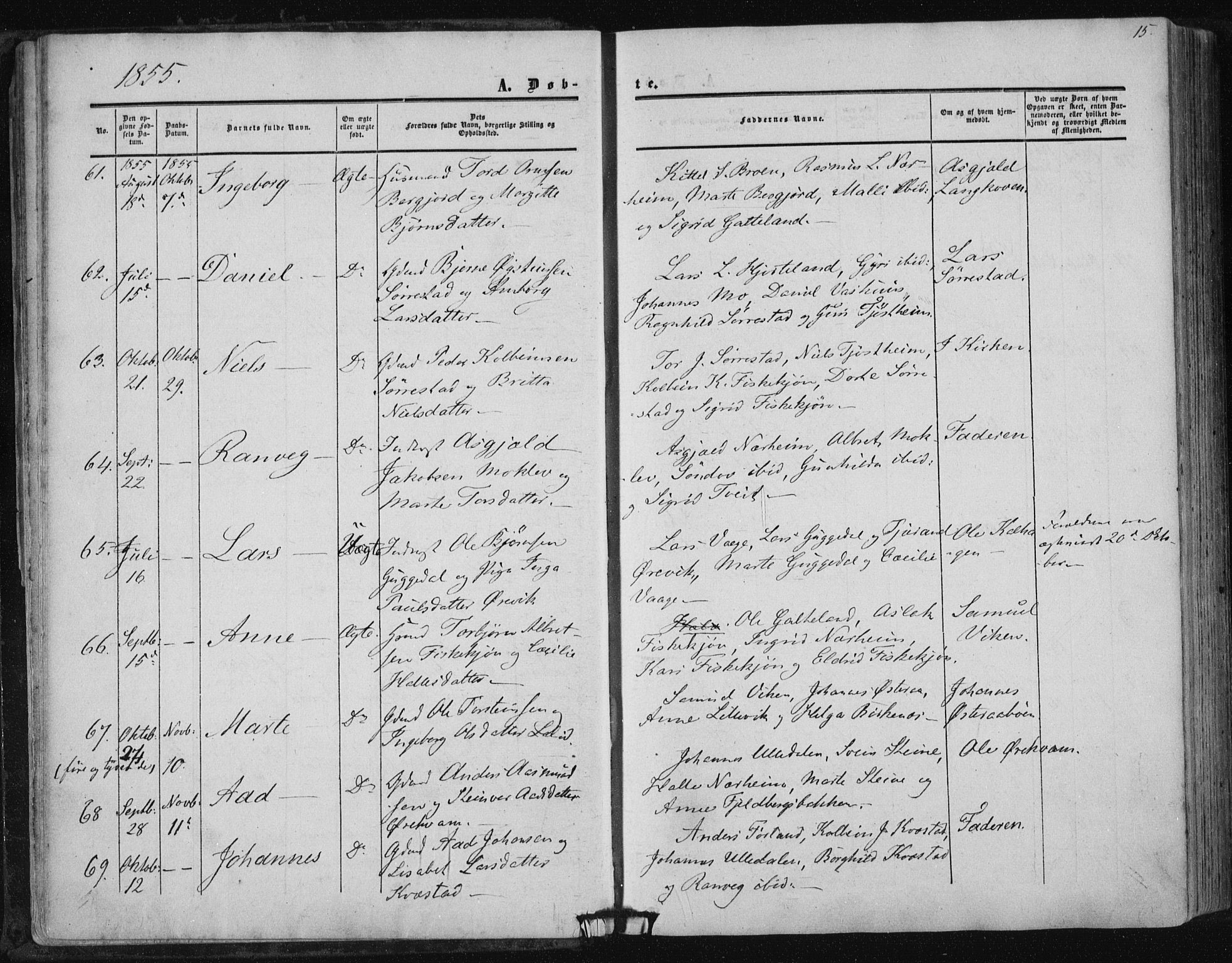 Suldal sokneprestkontor, AV/SAST-A-101845/01/IV/L0009: Parish register (official) no. A 9, 1854-1868, p. 15