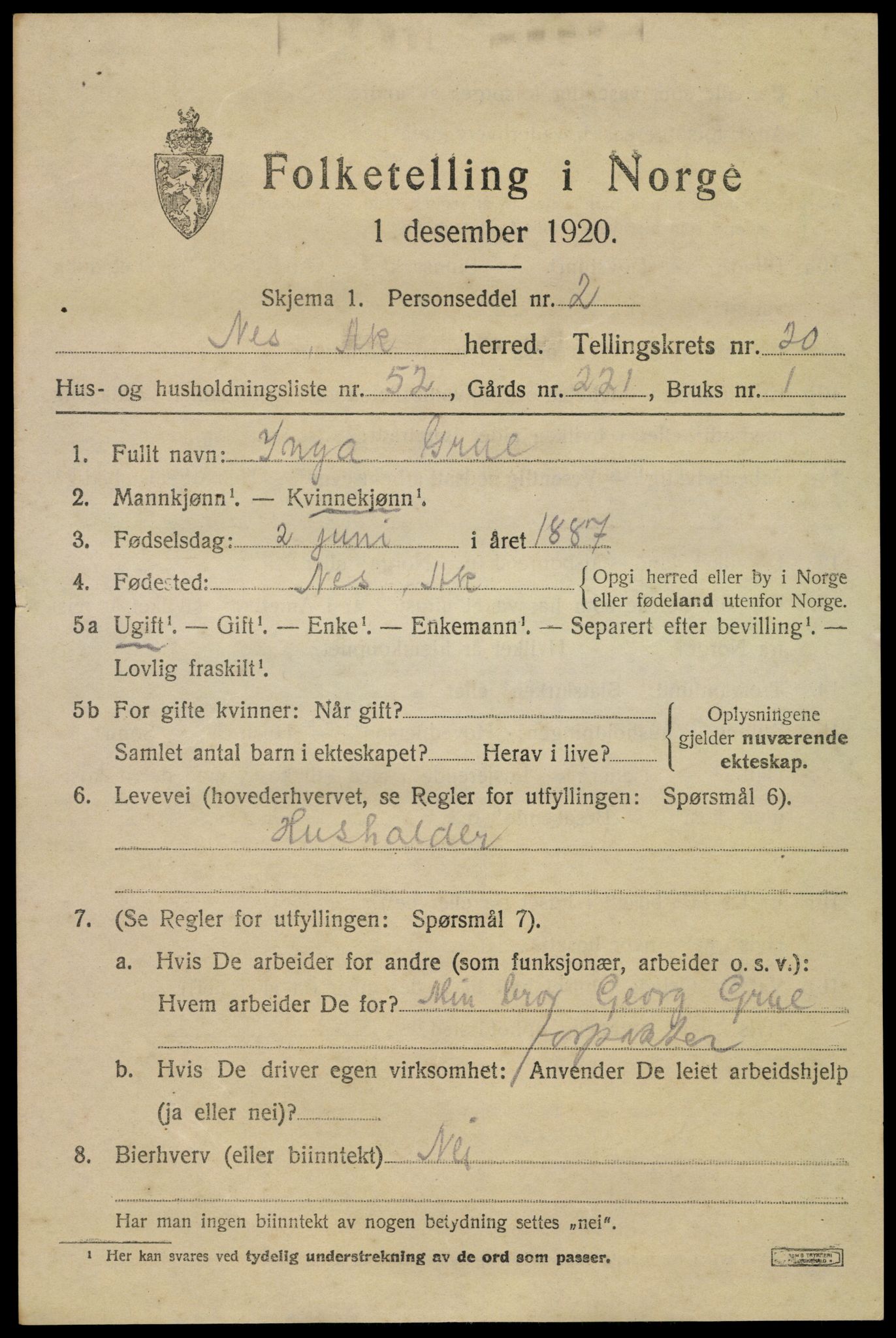 SAO, 1920 census for Nes, 1920, p. 21922