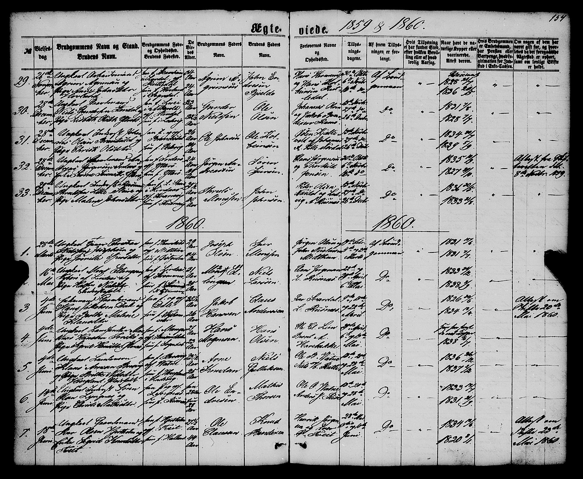 Gulen sokneprestembete, AV/SAB-A-80201/H/Haa/Haaa/L0022: Parish register (official) no. A 22, 1859-1869, p. 154