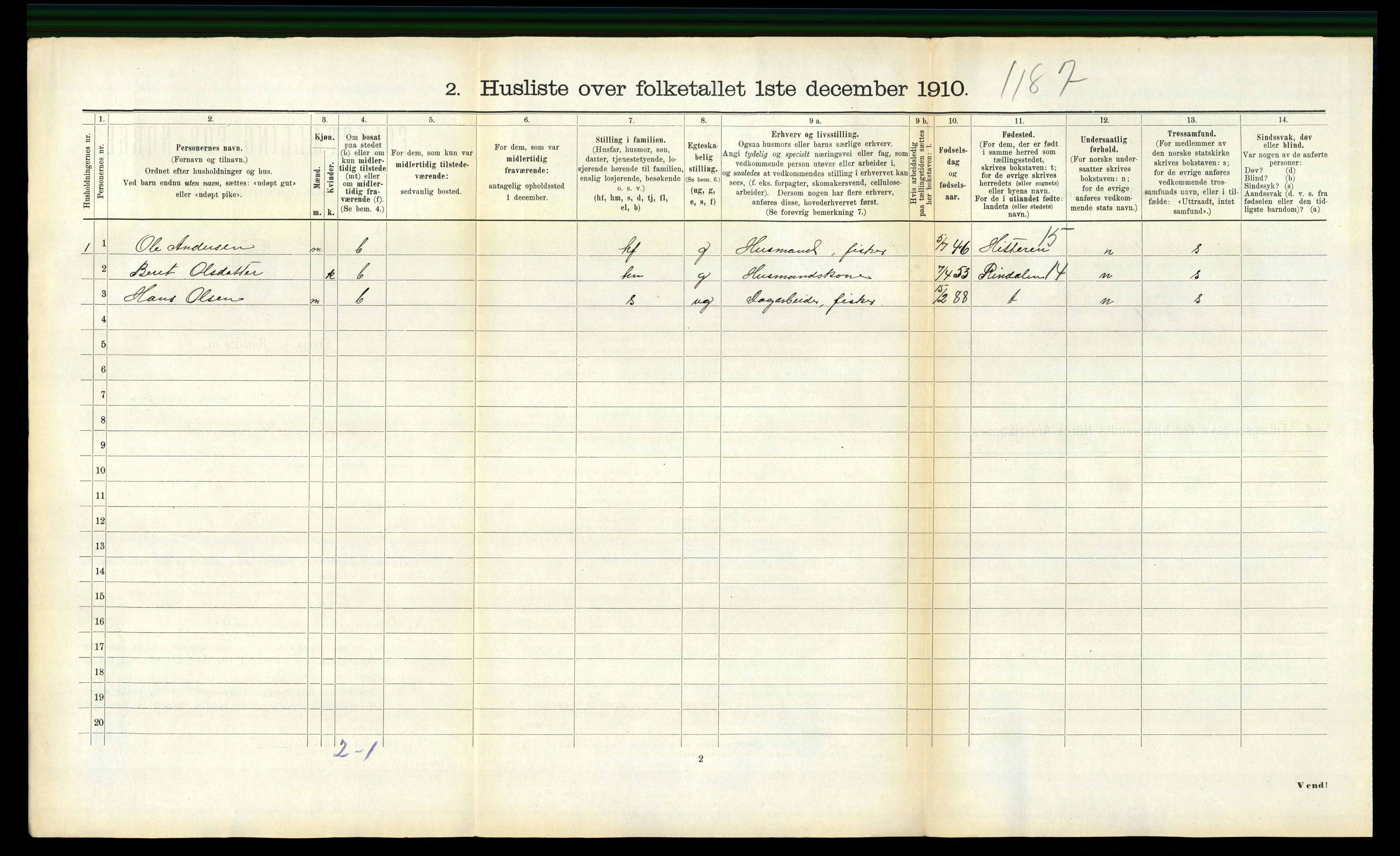 RA, 1910 census for Hemne, 1910, p. 490