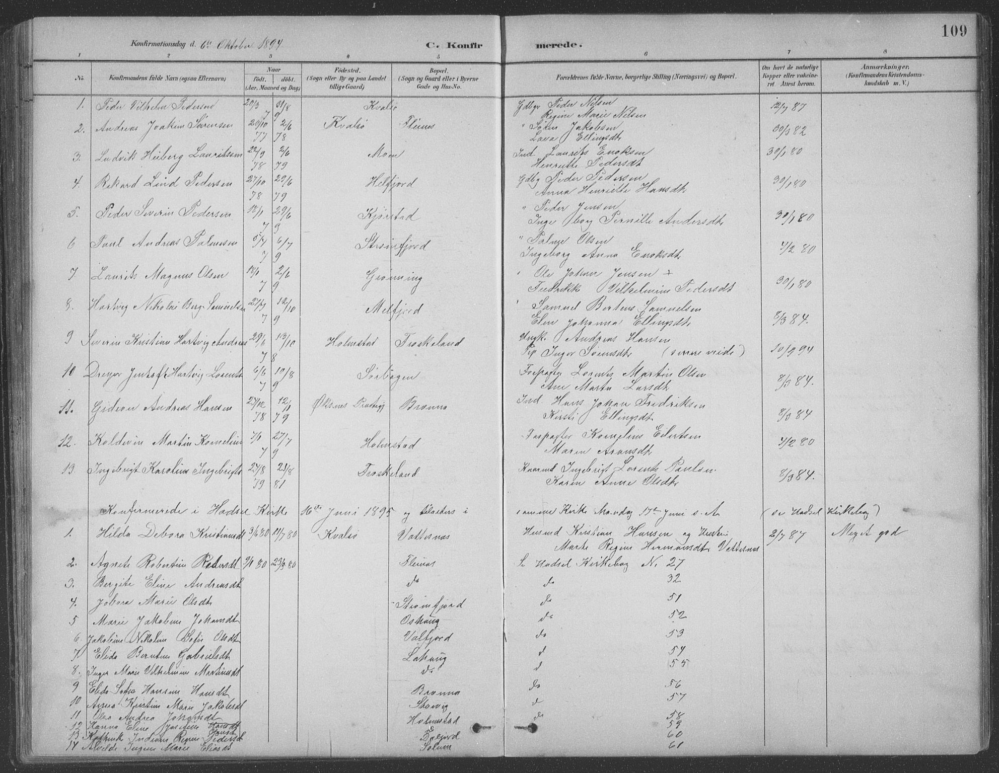 Ministerialprotokoller, klokkerbøker og fødselsregistre - Nordland, AV/SAT-A-1459/890/L1290: Parish register (copy) no. 890C01, 1882-1911, p. 109