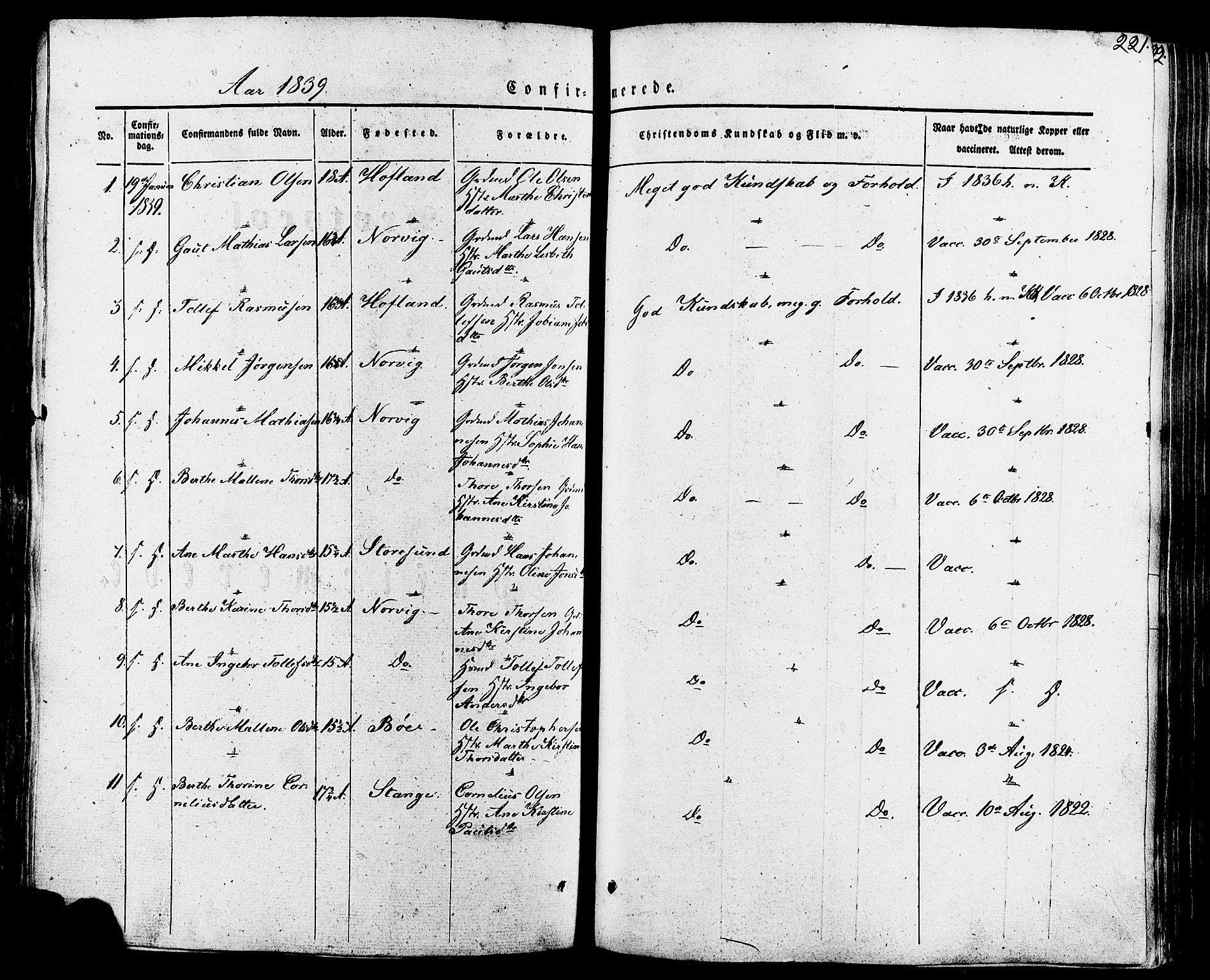 Torvastad sokneprestkontor, SAST/A -101857/H/Ha/Haa/L0007: Parish register (official) no. A 7, 1838-1882, p. 221