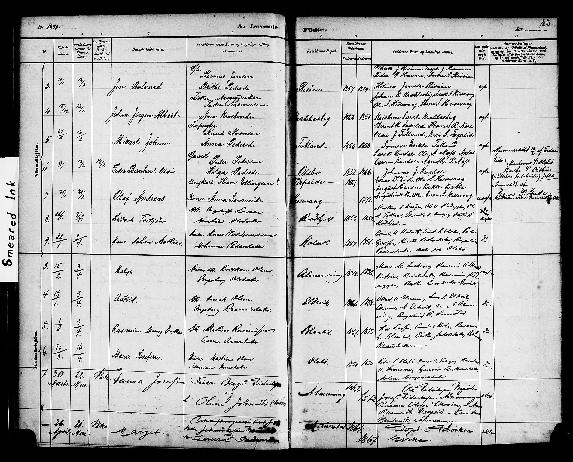 Davik sokneprestembete, AV/SAB-A-79701/H/Haa/Haad/L0001: Parish register (official) no. D 1, 1882-1900, p. 45