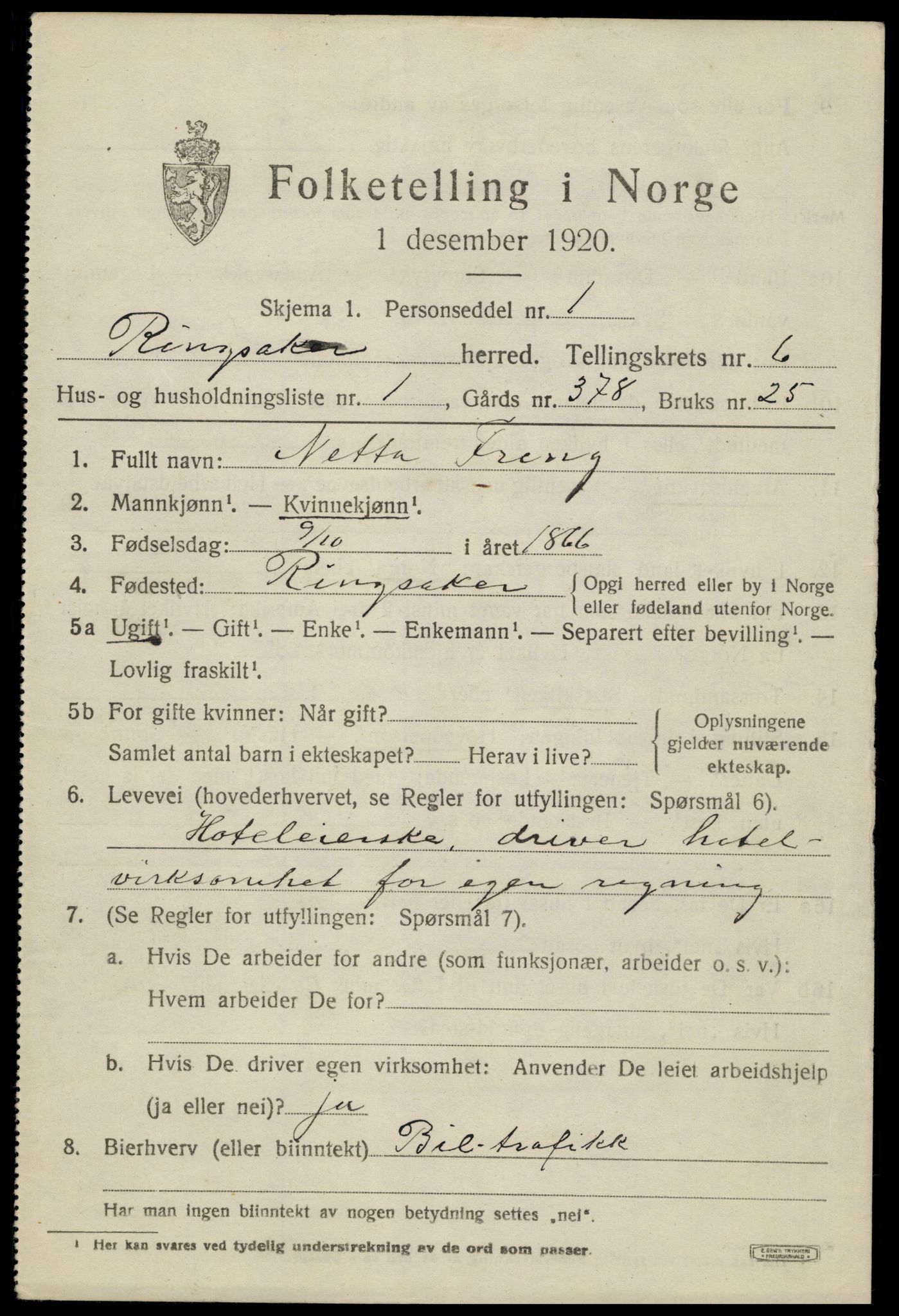 SAH, 1920 census for Ringsaker, 1920, p. 11194