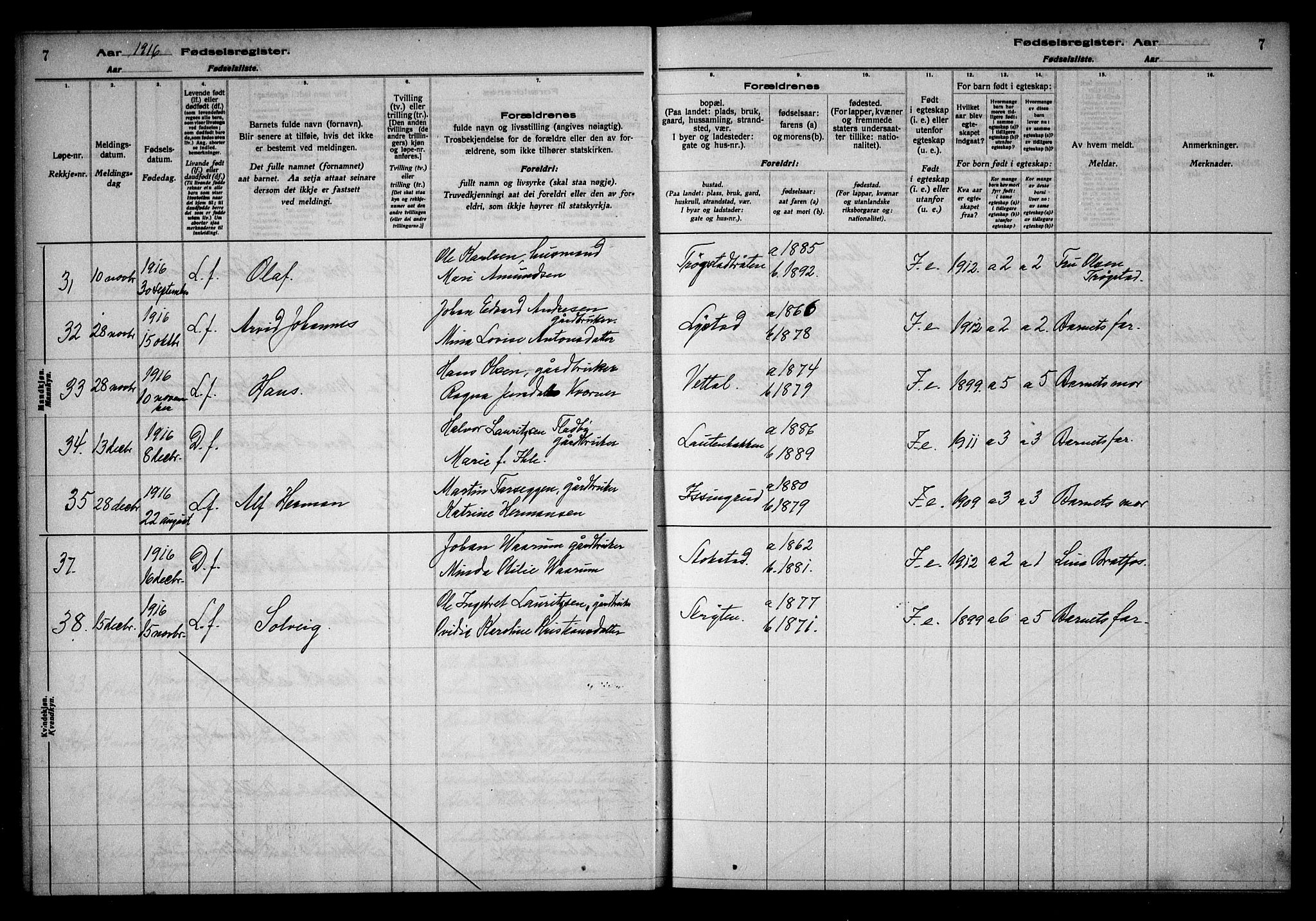 Ullensaker prestekontor Kirkebøker, AV/SAO-A-10236a/J/Ja/L0001: Birth register no. I 1, 1916-1938, p. 7