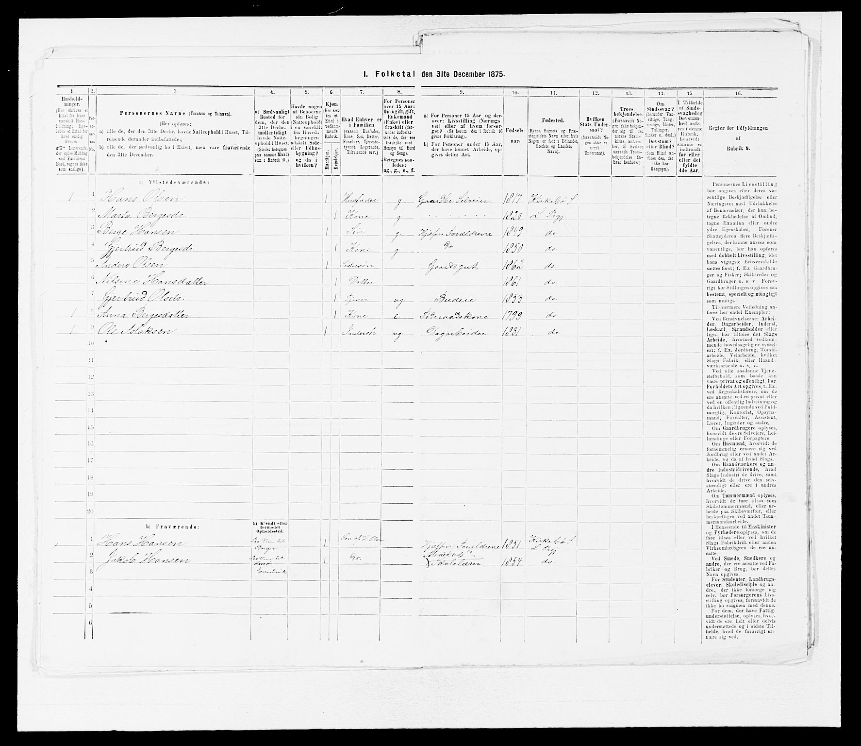SAB, 1875 census for 1415P Lavik, 1875, p. 1009
