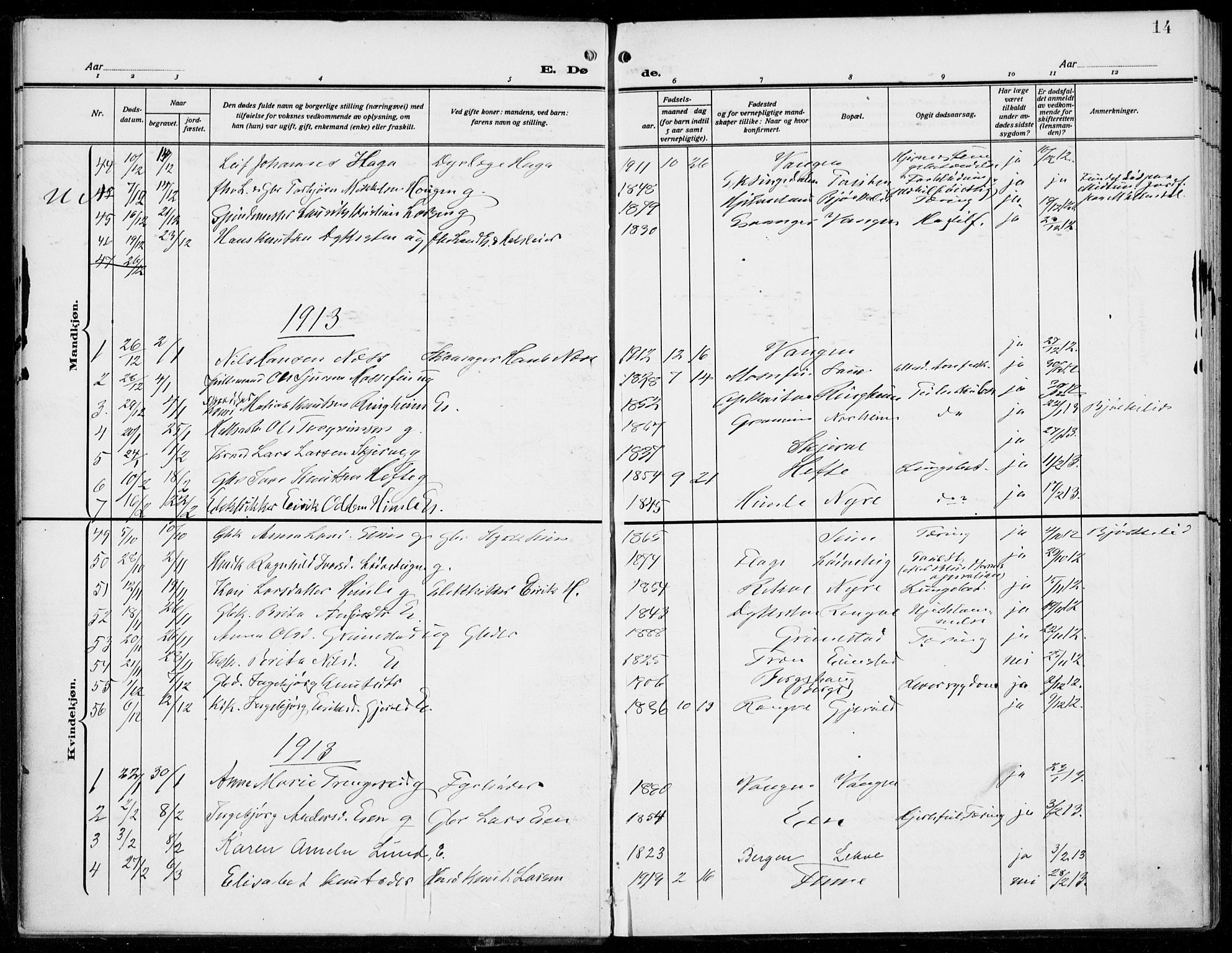 Voss sokneprestembete, SAB/A-79001/H/Haa: Parish register (official) no. D  2, 1910-1932, p. 14