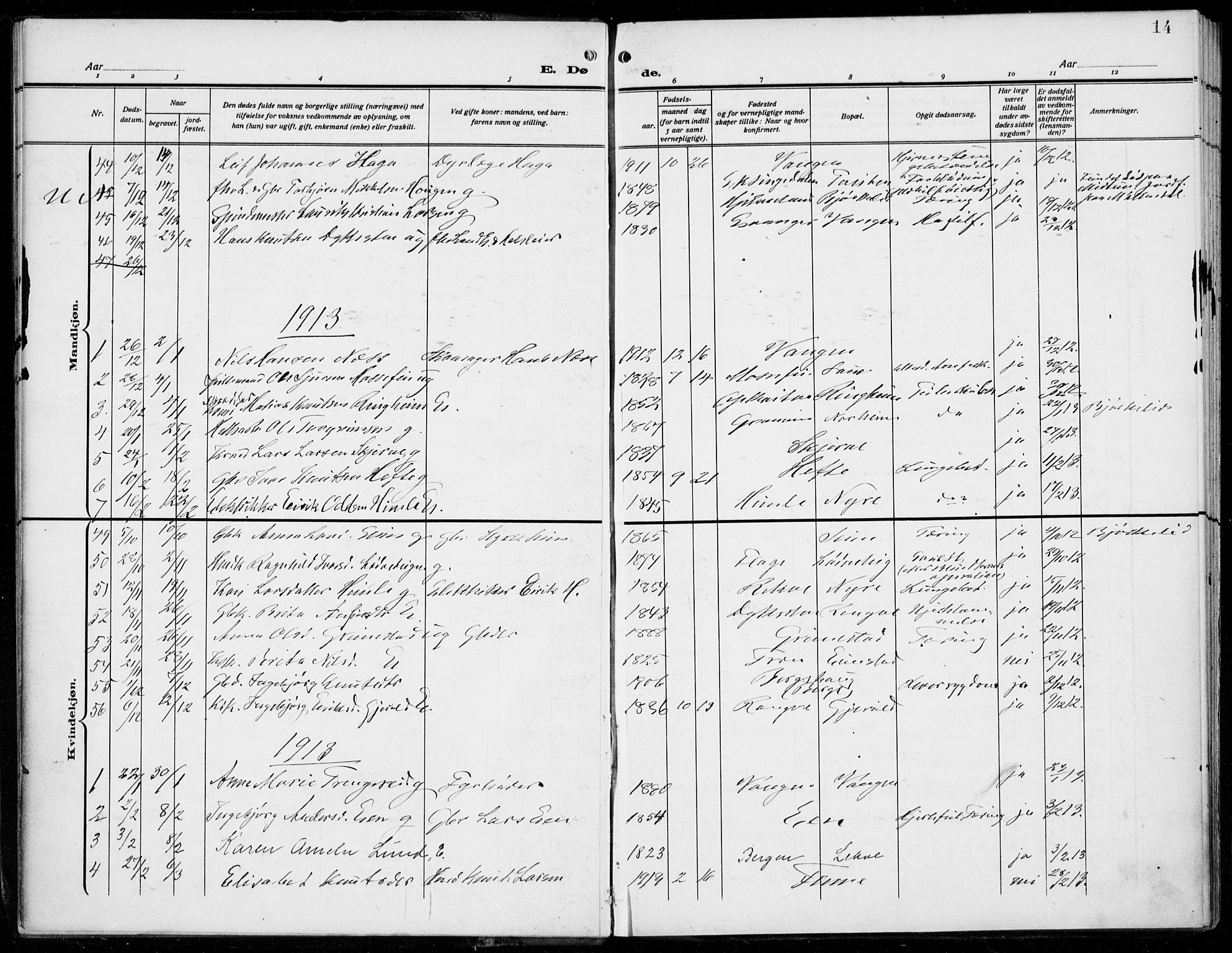 Voss sokneprestembete, AV/SAB-A-79001/H/Haa: Parish register (official) no. D  2, 1910-1932, p. 14