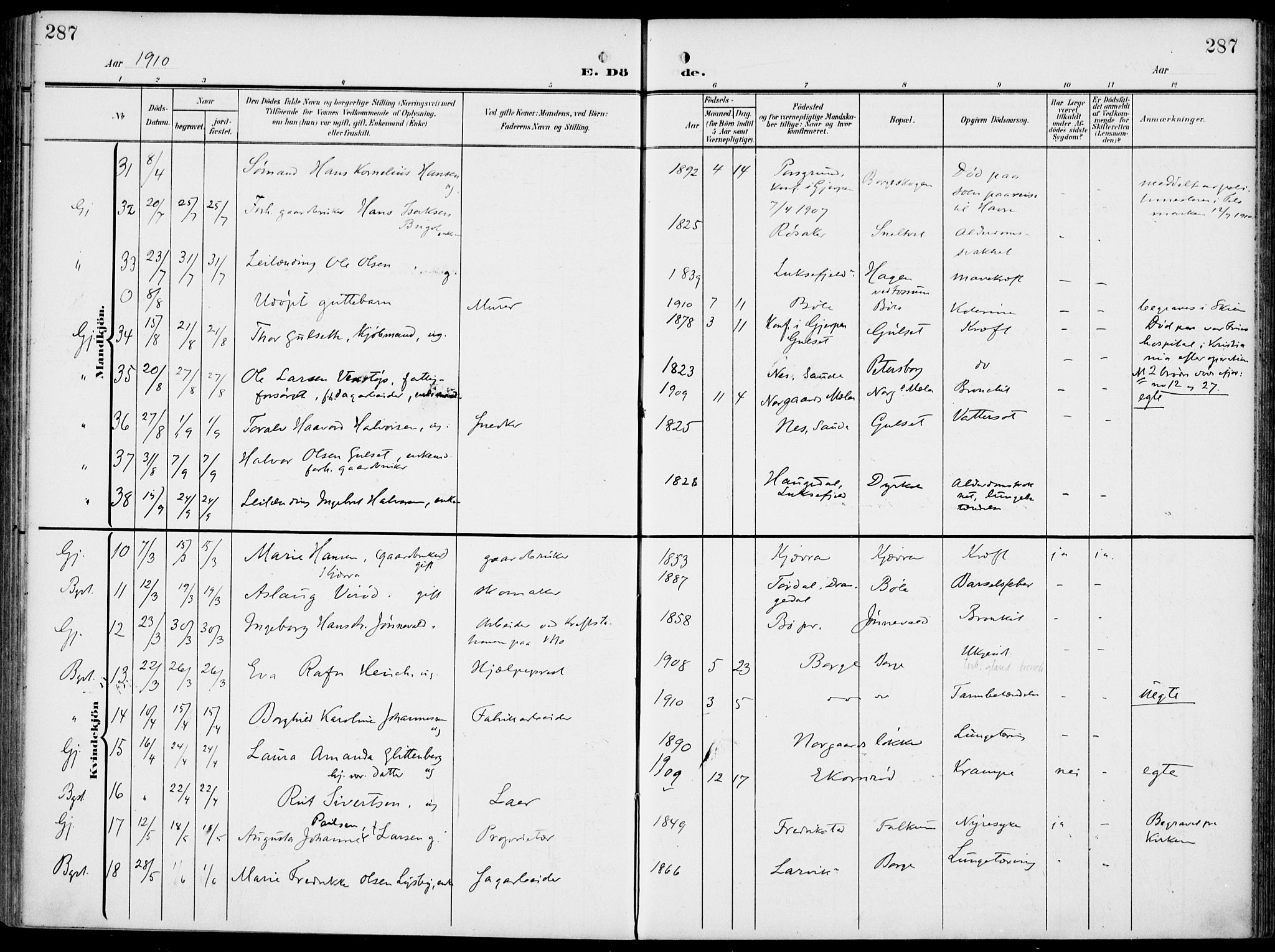 Gjerpen kirkebøker, SAKO/A-265/F/Fa/L0012: Parish register (official) no. I 12, 1905-1913, p. 287
