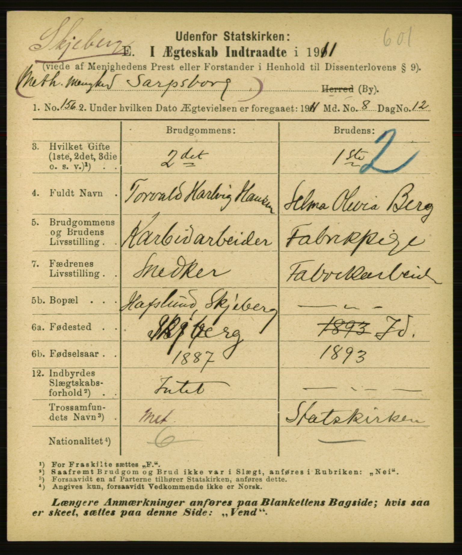 Statistisk sentralbyrå, Sosiodemografiske emner, Befolkning, AV/RA-S-2228/E/L0009: Fødte, gifte, døde dissentere., 1911, p. 1651