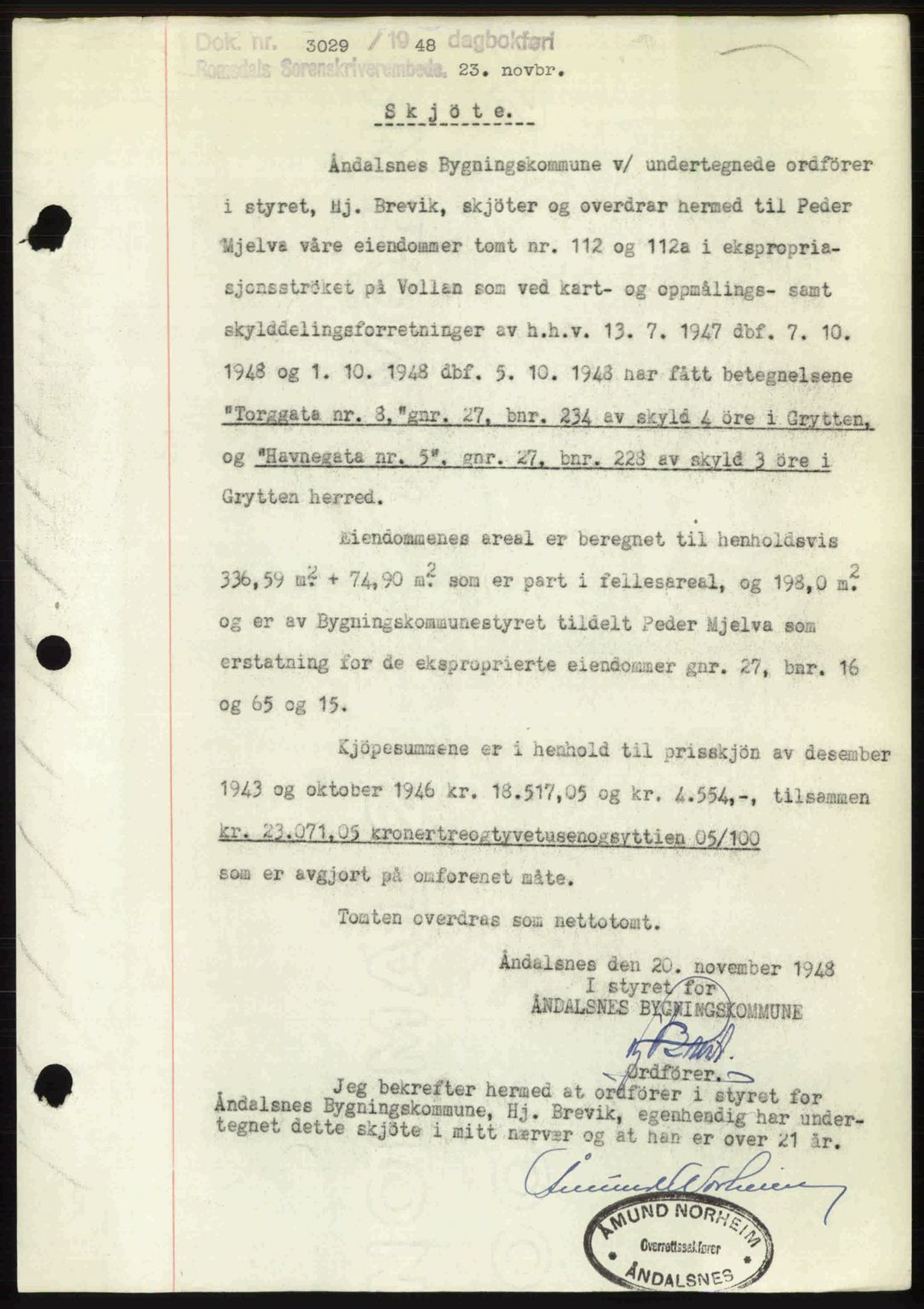 Romsdal sorenskriveri, AV/SAT-A-4149/1/2/2C: Mortgage book no. A27, 1948-1948, Diary no: : 3029/1948