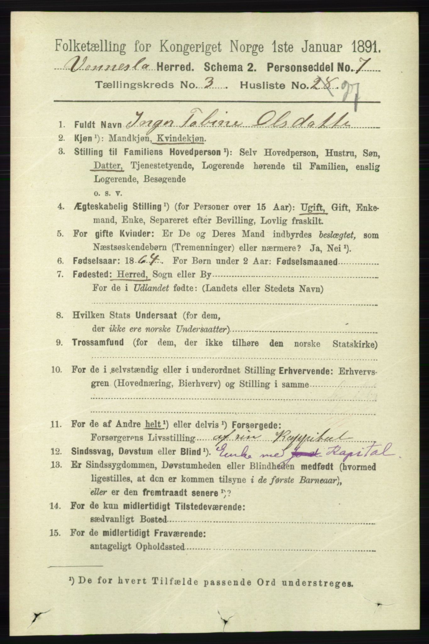 RA, 1891 census for 1014 Vennesla, 1891, p. 813