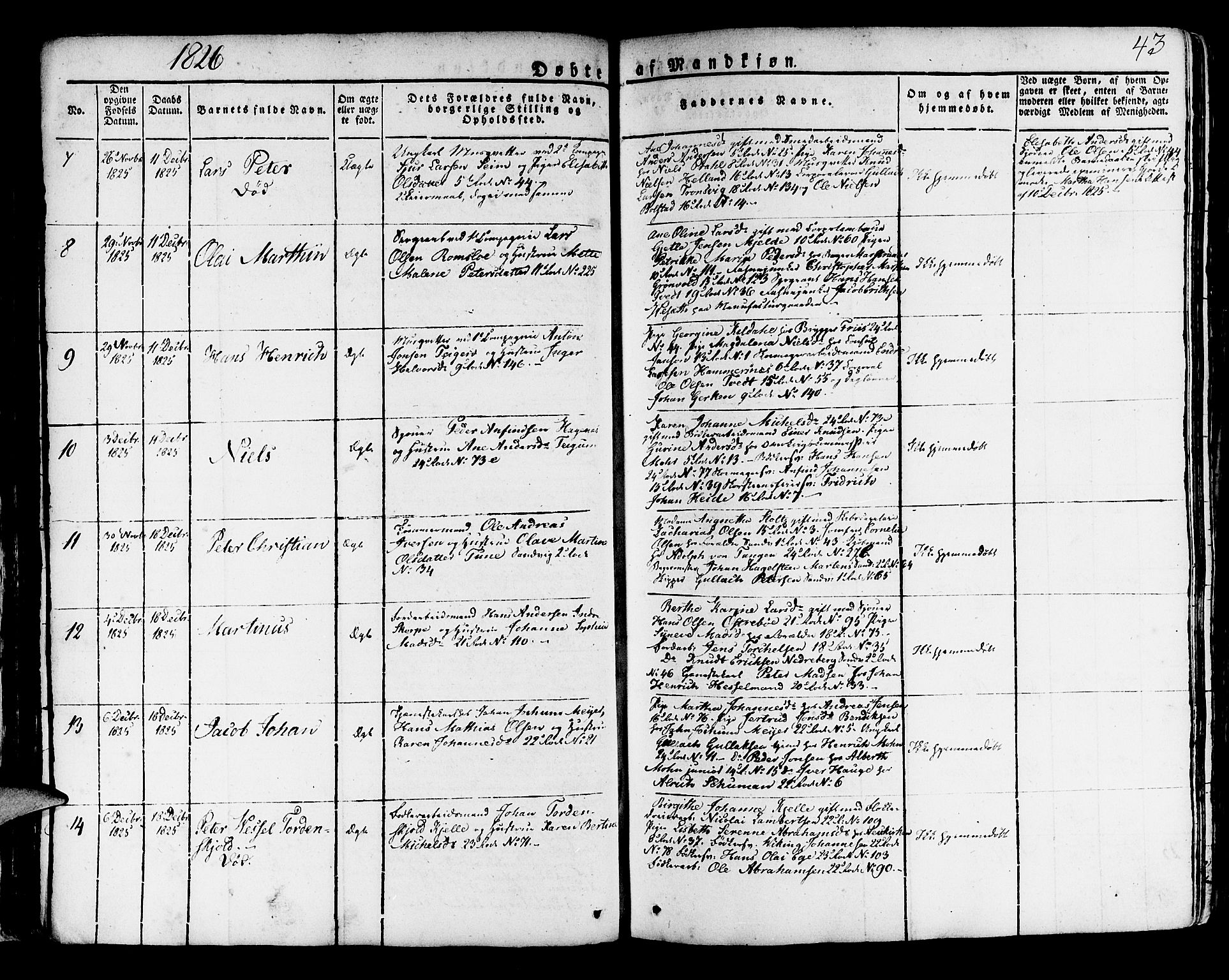 Korskirken sokneprestembete, AV/SAB-A-76101/H/Haa/L0014: Parish register (official) no. A 14, 1823-1835, p. 43