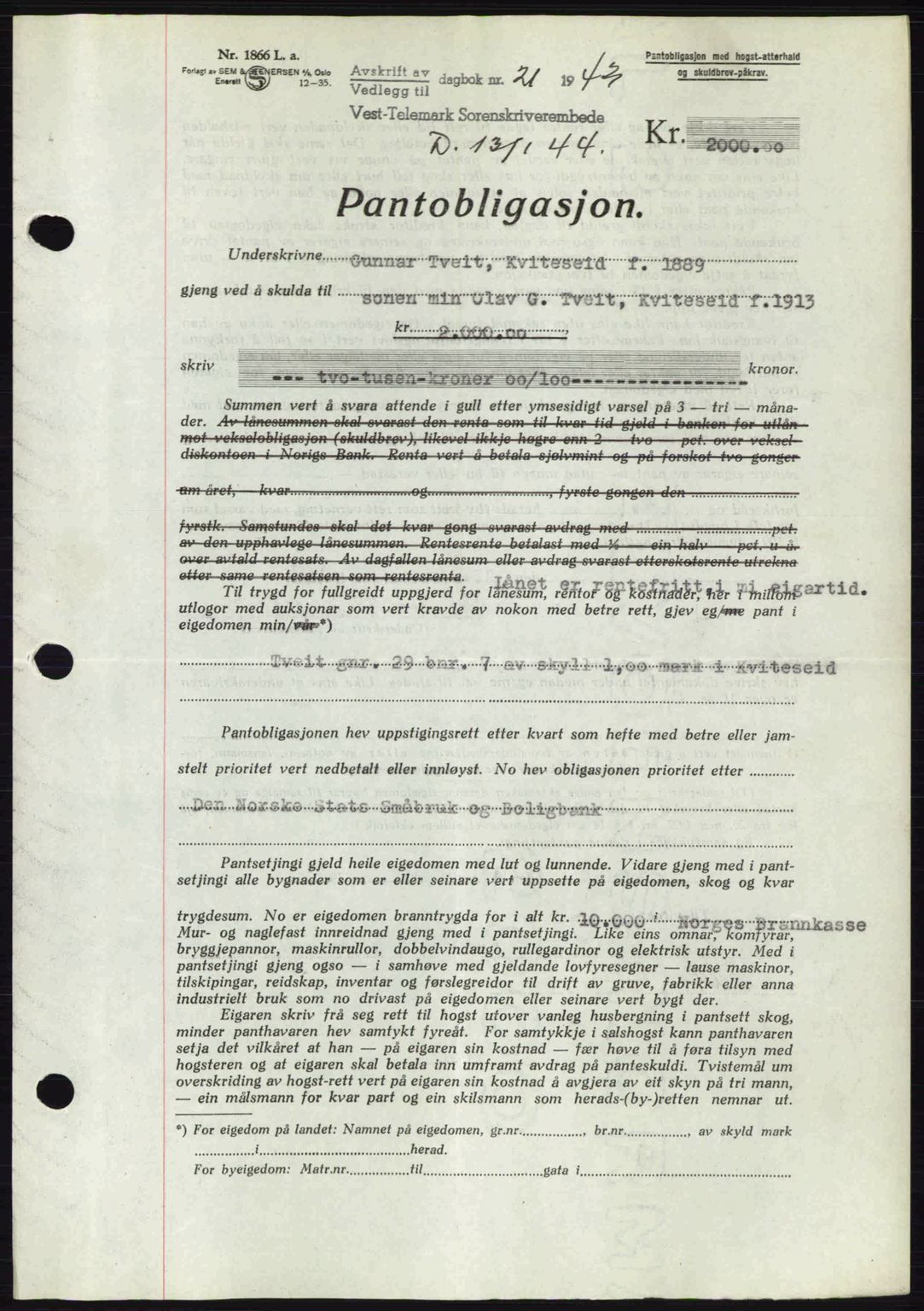 Vest-Telemark sorenskriveri, AV/SAKO-A-134/G/Ga/Gad/L0004: Mortgage book no. B-4, 1943-1945, Diary no: : 21/1944