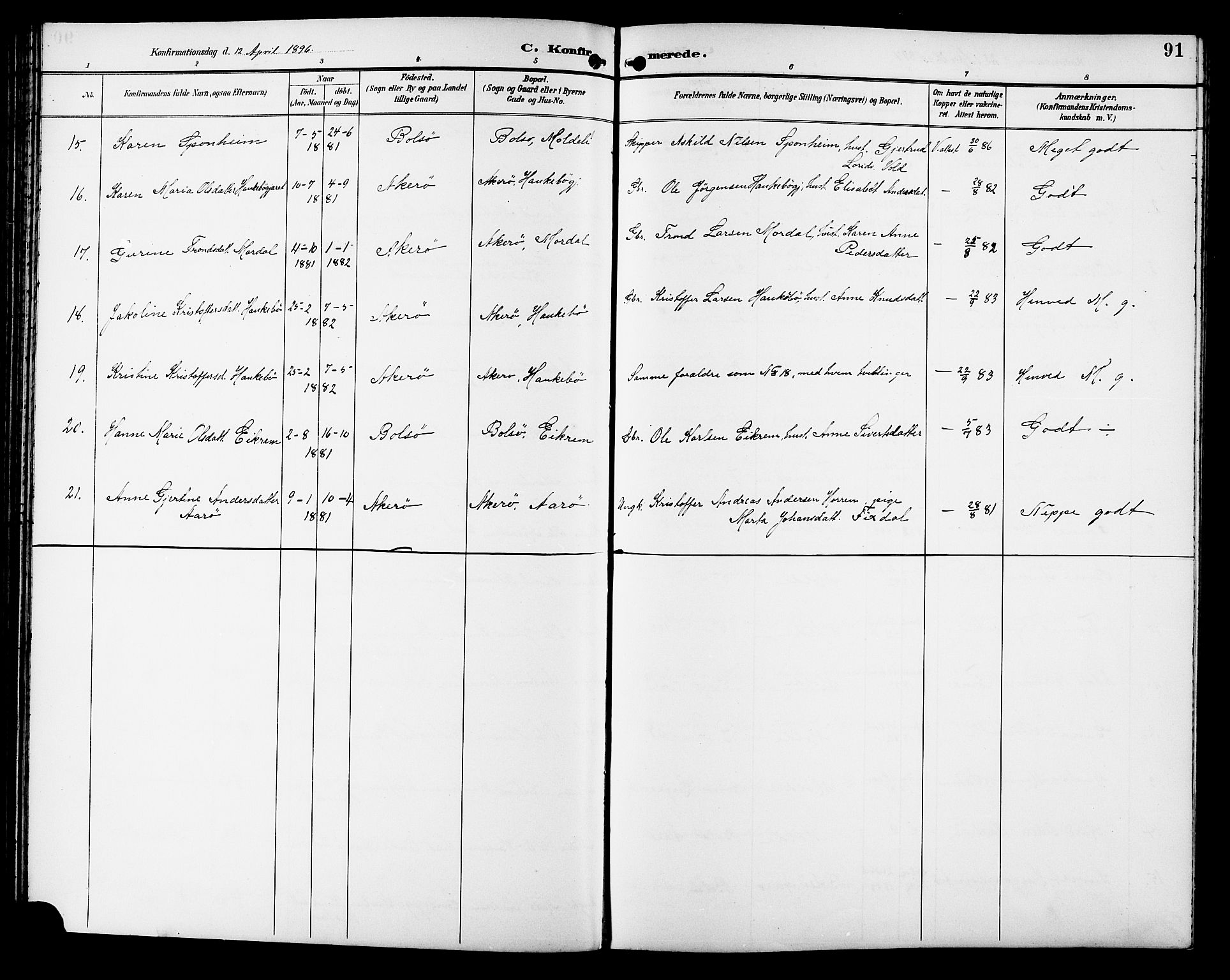 Ministerialprotokoller, klokkerbøker og fødselsregistre - Møre og Romsdal, AV/SAT-A-1454/558/L0702: Parish register (copy) no. 558C03, 1894-1915, p. 91