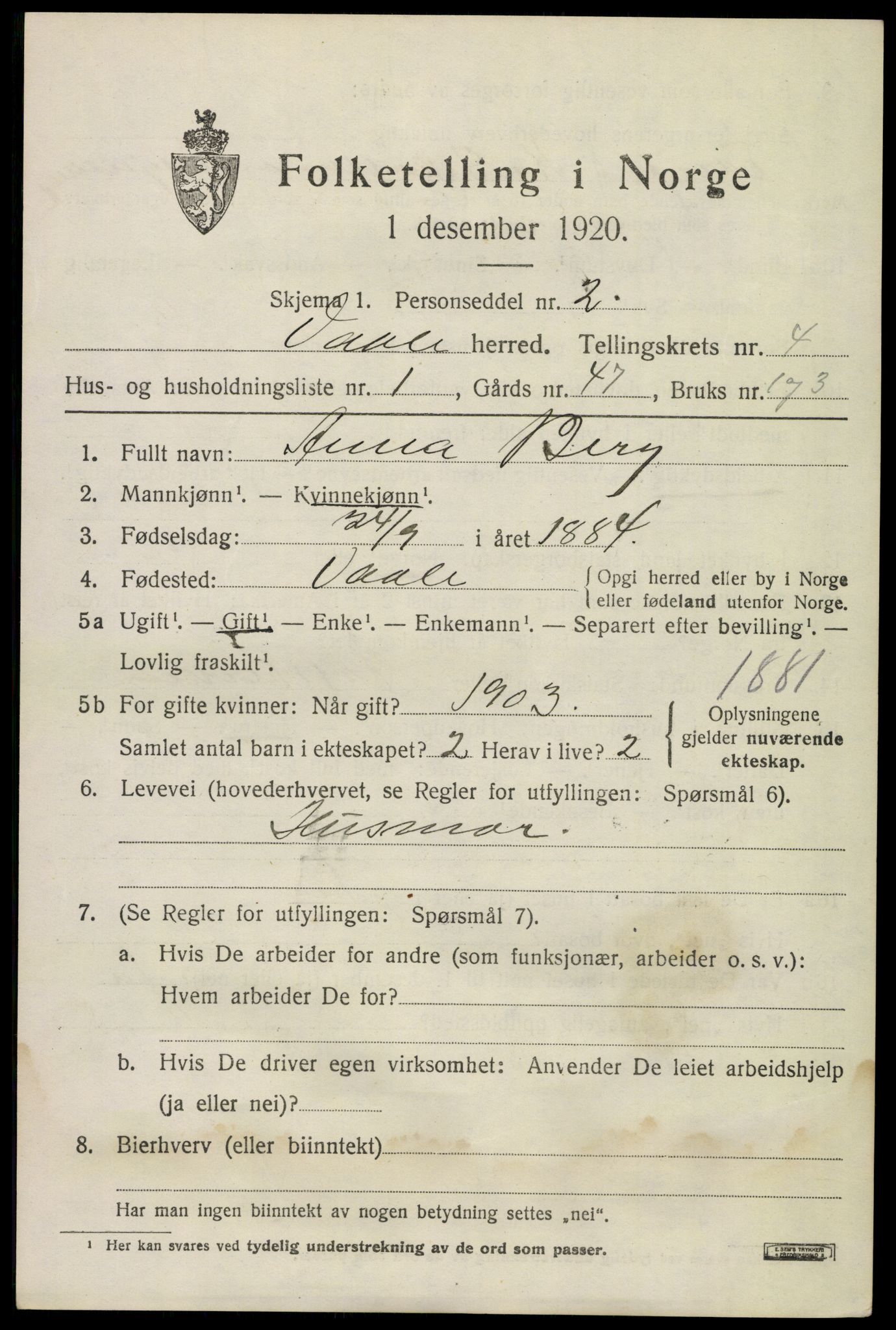 SAKO, 1920 census for Våle, 1920, p. 3144