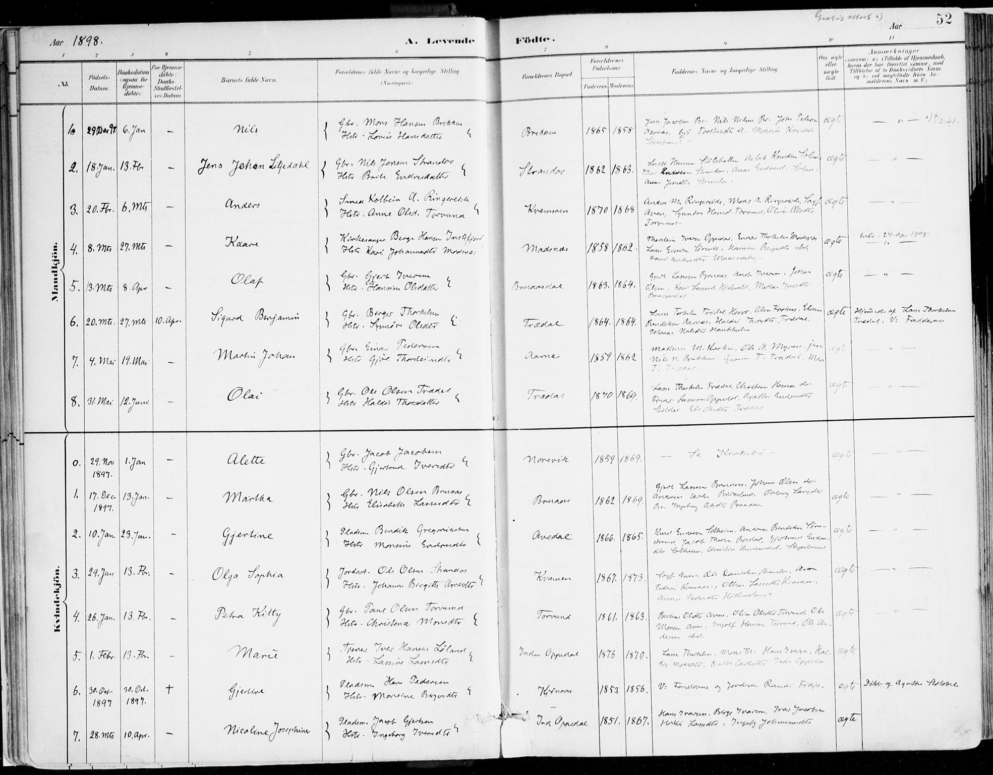 Lavik sokneprestembete, AV/SAB-A-80901: Parish register (official) no. B 1, 1882-1908, p. 52