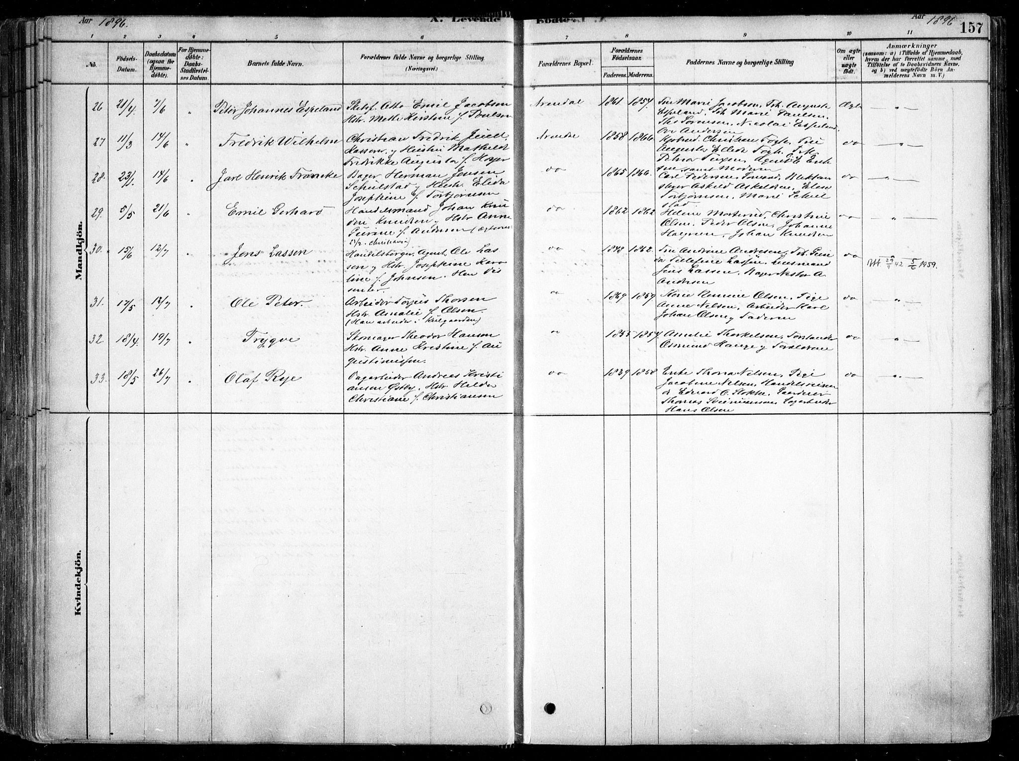 Arendal sokneprestkontor, Trefoldighet, AV/SAK-1111-0040/F/Fa/L0008: Parish register (official) no. A 8, 1878-1899, p. 157