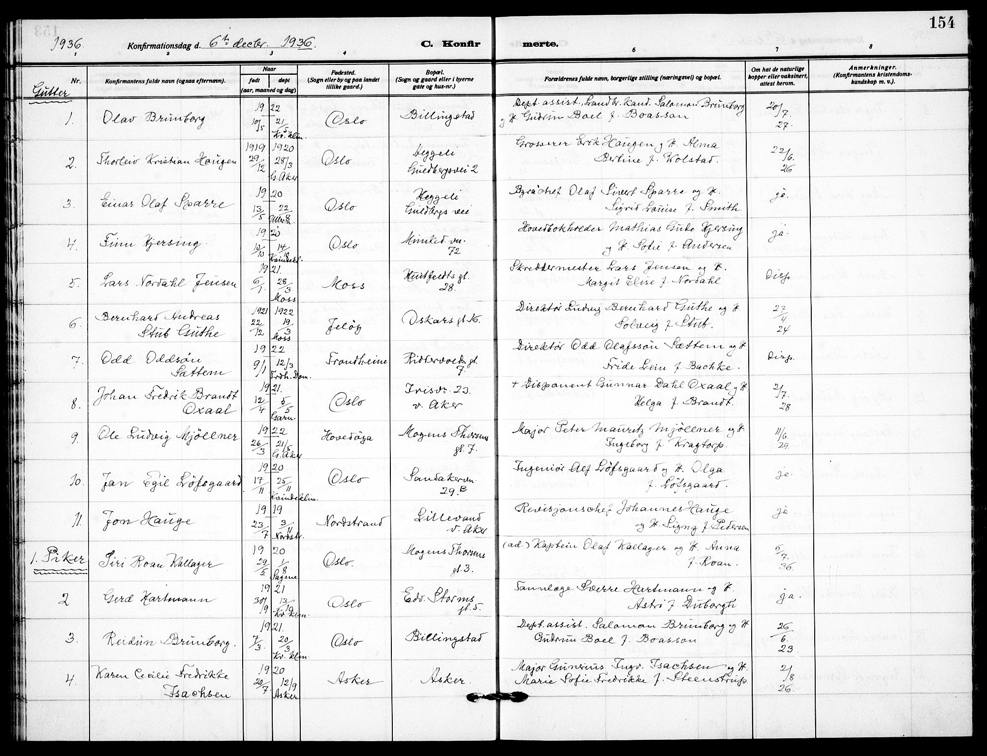 Garnisonsmenigheten Kirkebøker, AV/SAO-A-10846/F/Fa/L0017: Parish register (official) no. 17, 1926-1937, p. 154