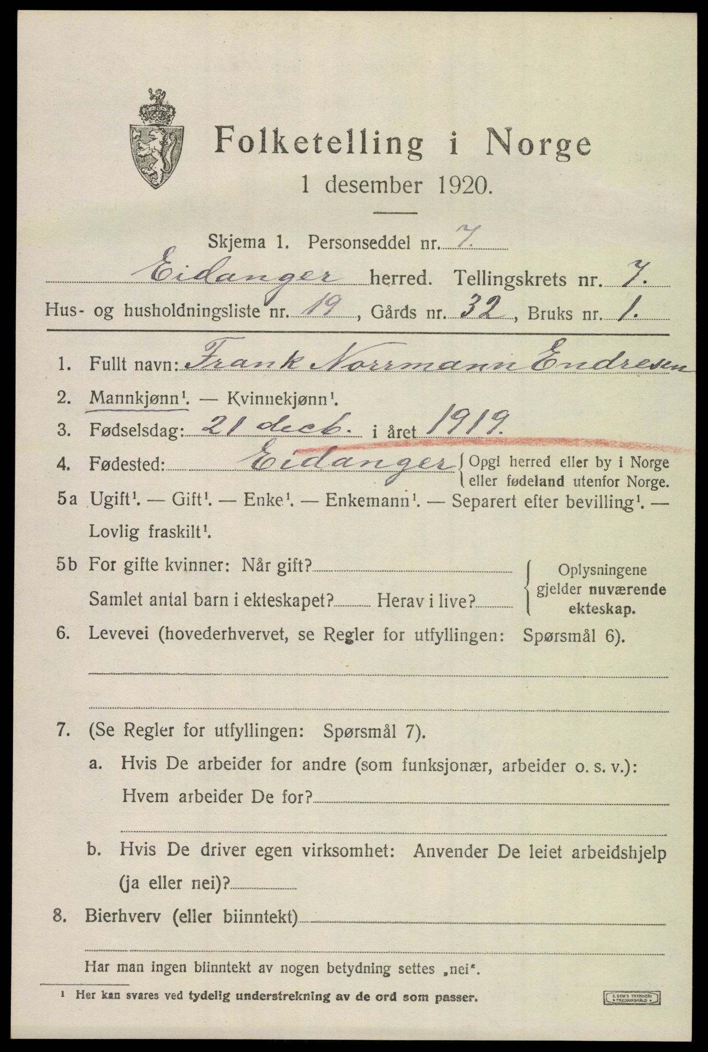 SAKO, 1920 census for Eidanger, 1920, p. 5424