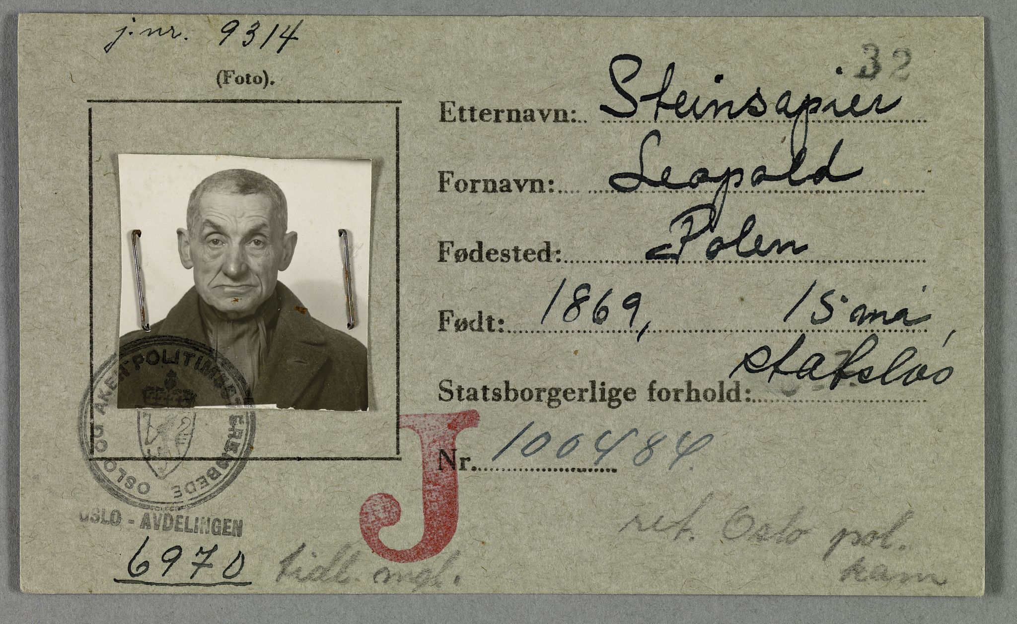 Sosialdepartementet, Våre Falne, AV/RA-S-1708/E/Ee/L0021A: Fotografier av jøder på legitimasjonskort (1941-42), 1941-1942, p. 323