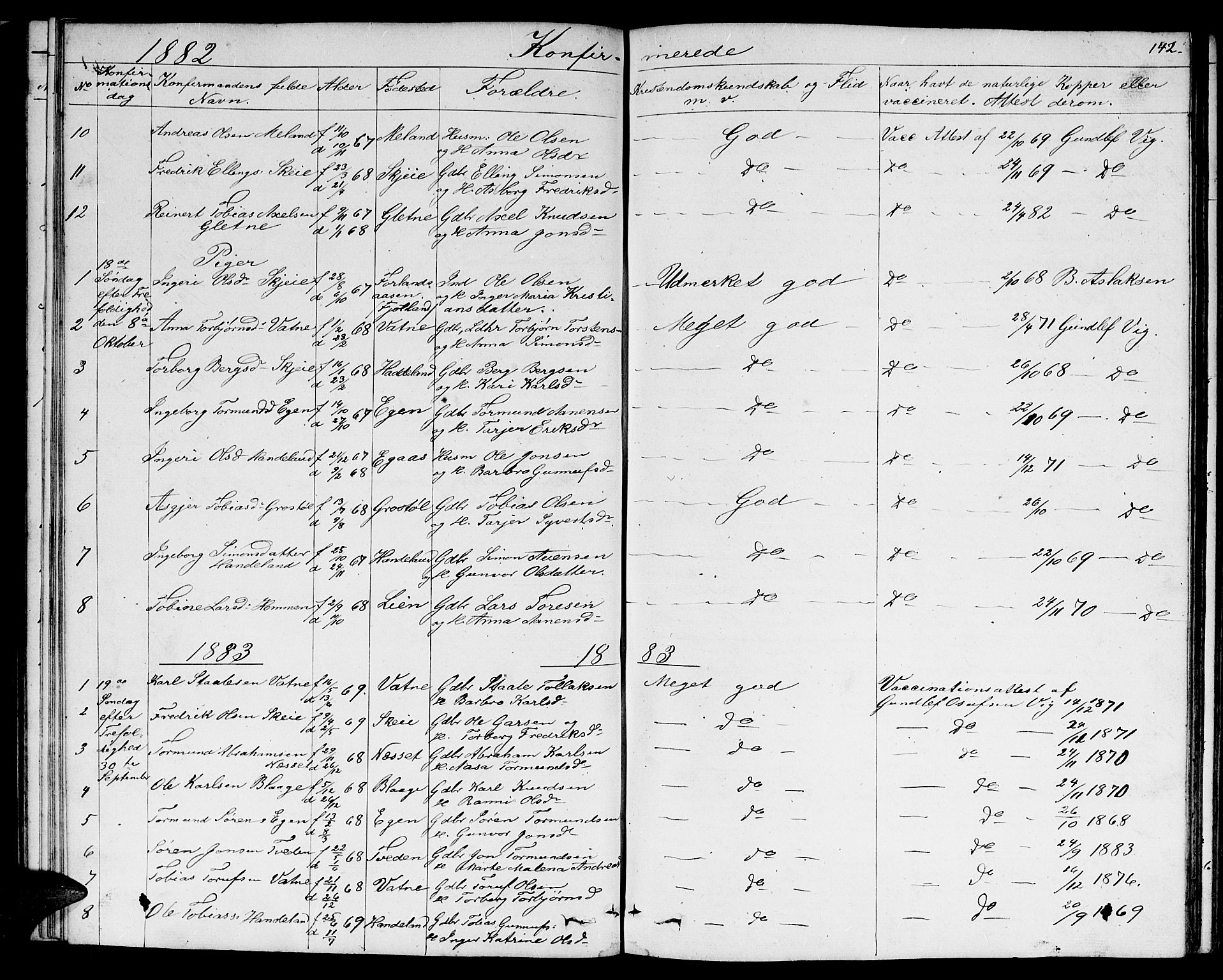 Hægebostad sokneprestkontor, AV/SAK-1111-0024/F/Fb/Fbb/L0002: Parish register (copy) no. B 2, 1851-1886, p. 142