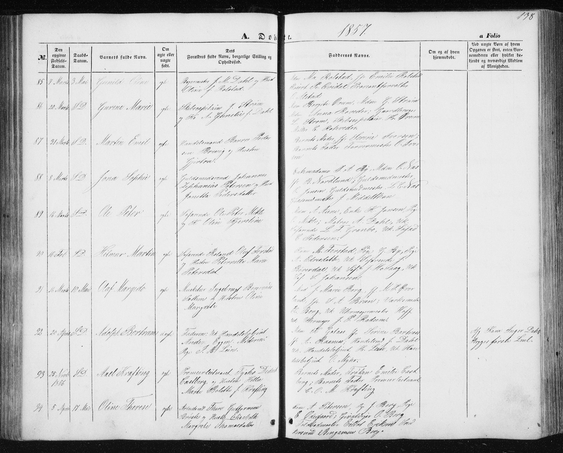 Ministerialprotokoller, klokkerbøker og fødselsregistre - Sør-Trøndelag, AV/SAT-A-1456/602/L0112: Parish register (official) no. 602A10, 1848-1859, p. 138