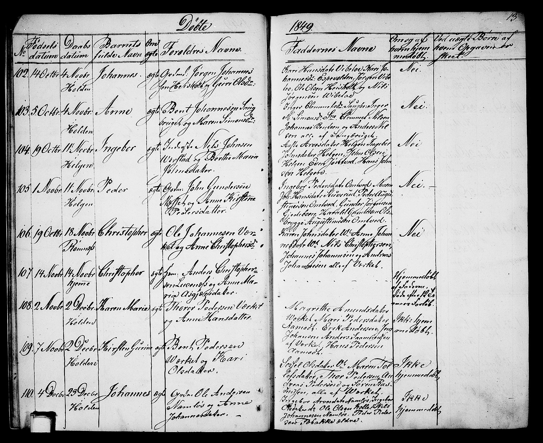 Holla kirkebøker, AV/SAKO-A-272/G/Ga/L0003: Parish register (copy) no. I 3, 1849-1866, p. 13