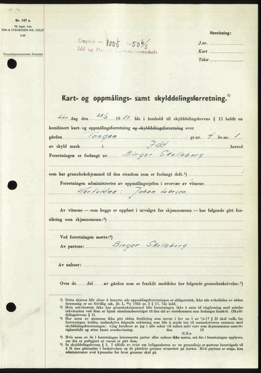 Idd og Marker sorenskriveri, AV/SAO-A-10283/G/Gb/Gbb/L0014: Mortgage book no. A14, 1950-1950, Diary no: : 1005/1950