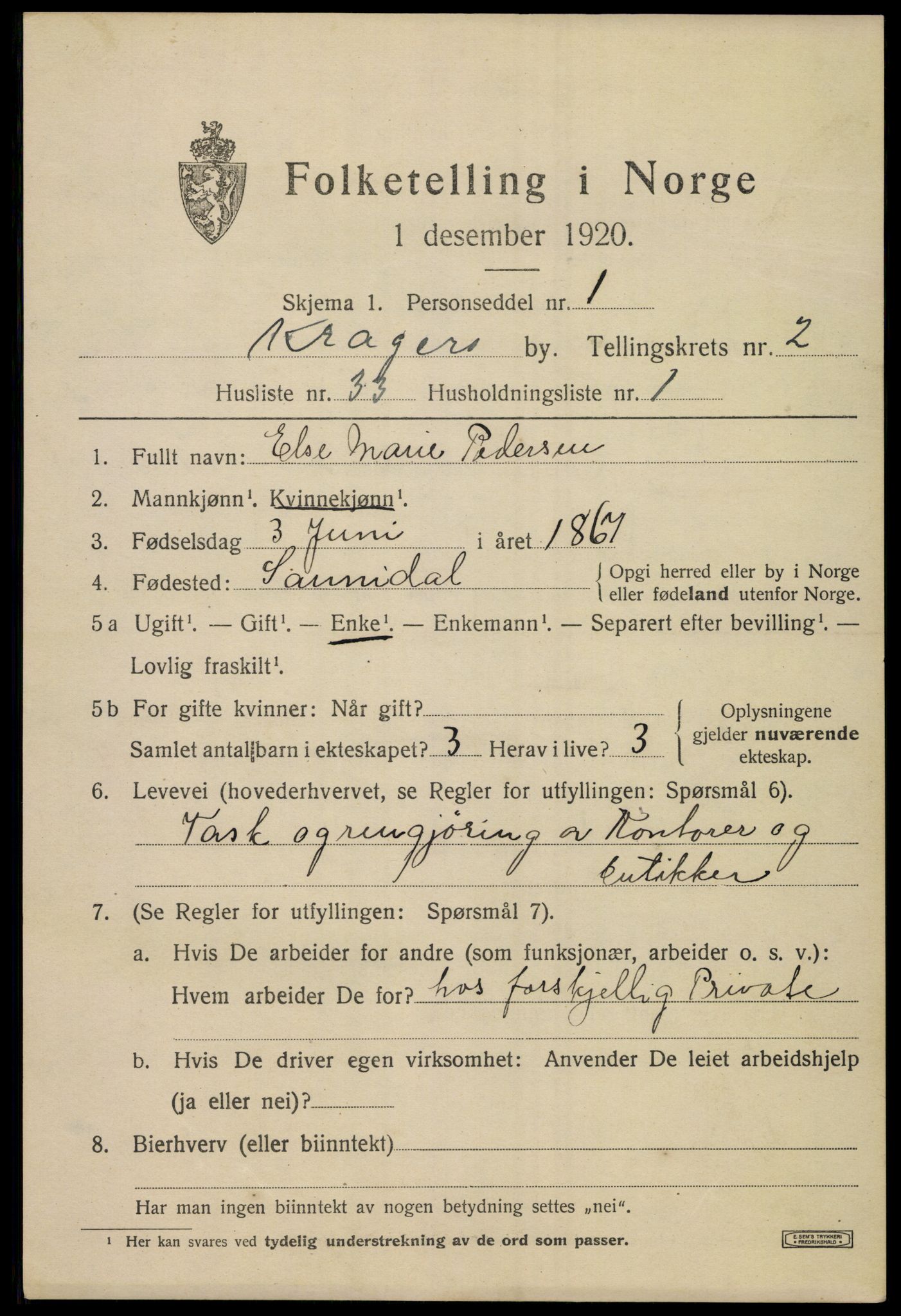 SAKO, 1920 census for Kragerø, 1920, p. 5745
