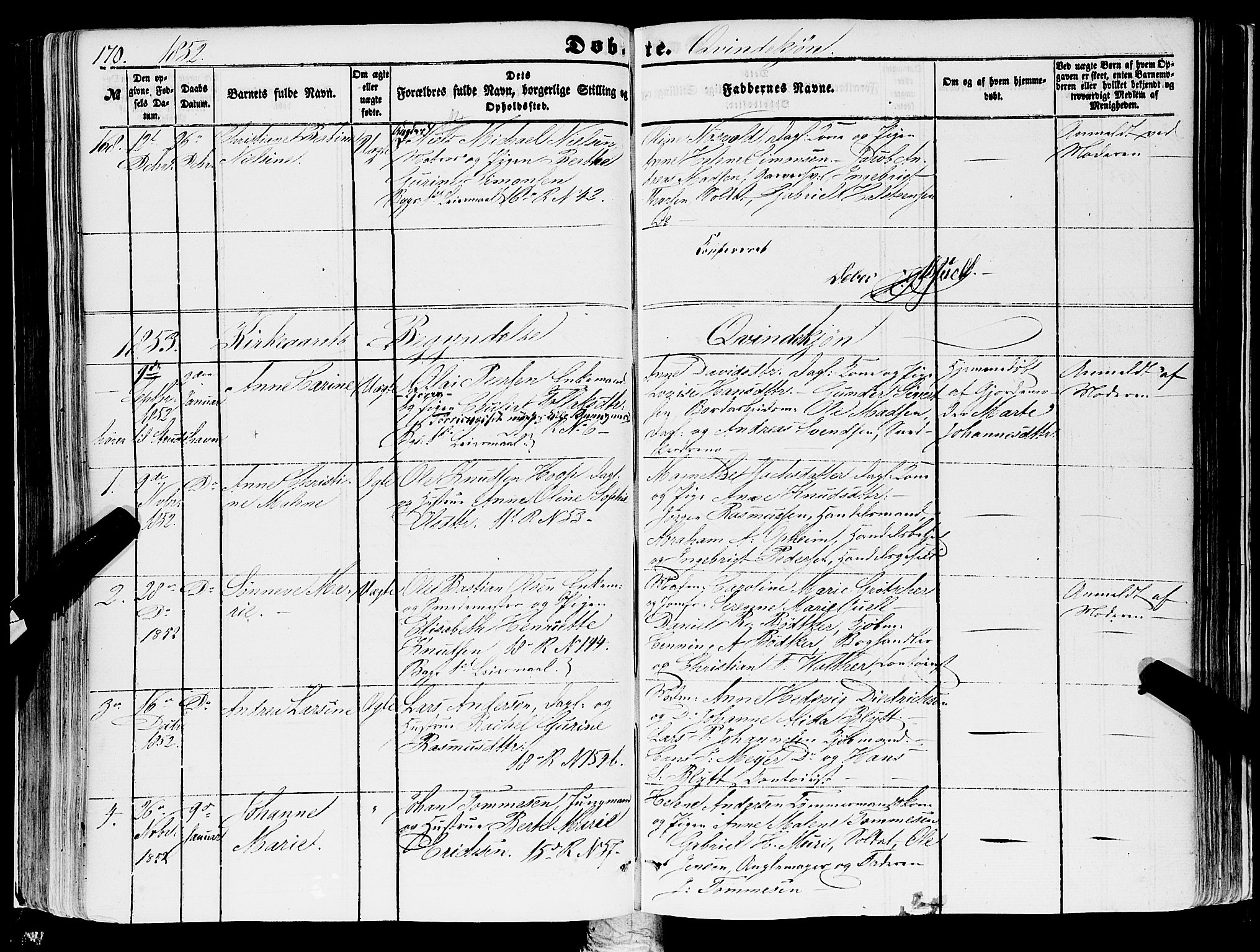 Domkirken sokneprestembete, SAB/A-74801/H/Haa/L0020: Parish register (official) no. B 3, 1851-1859, p. 170