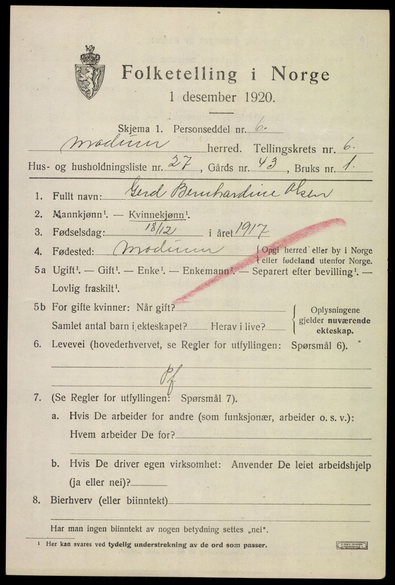 SAKO, 1920 census for Modum, 1920, p. 8985