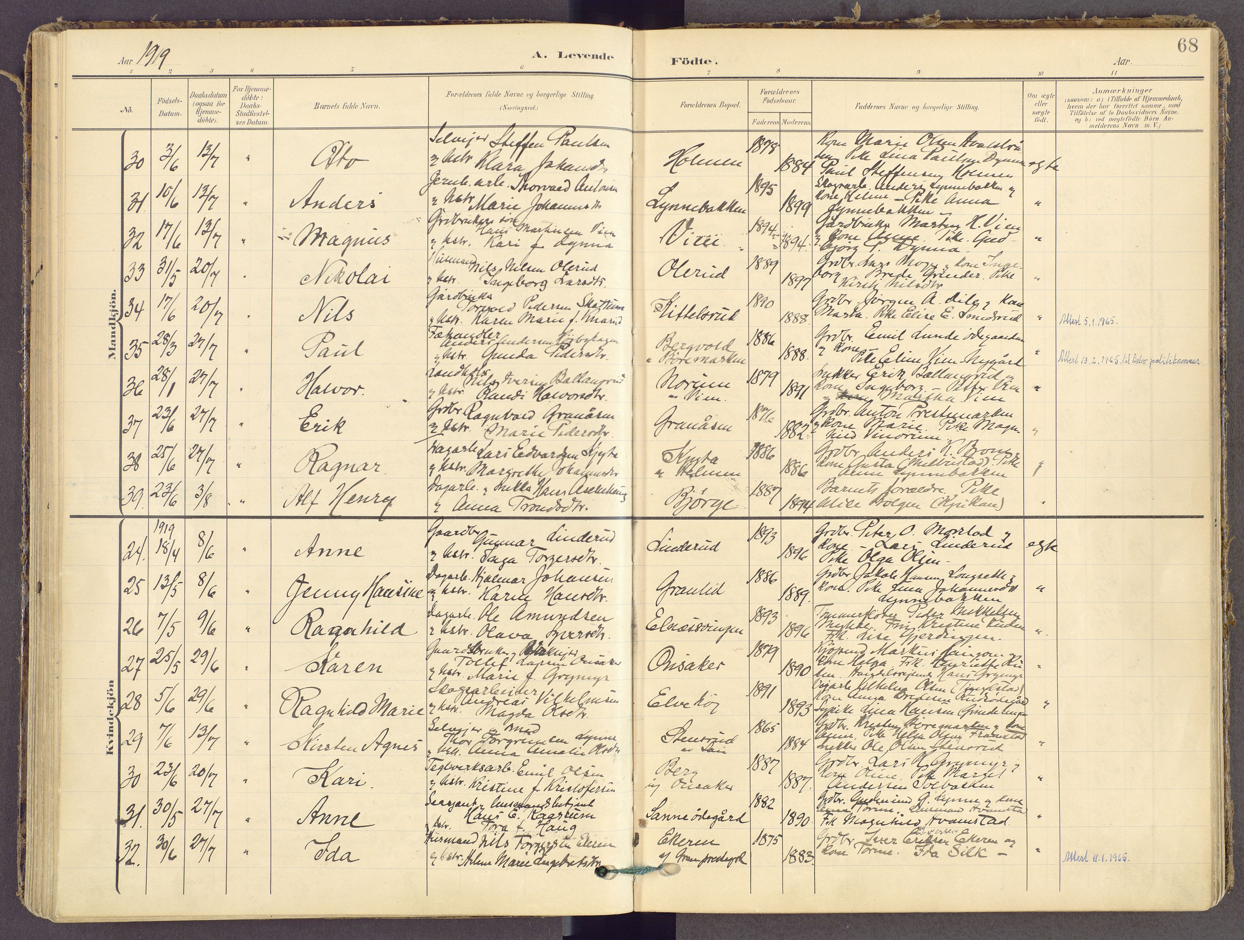 Gran prestekontor, SAH/PREST-112/H/Ha/Haa/L0021: Parish register (official) no. 21, 1908-1932, p. 68