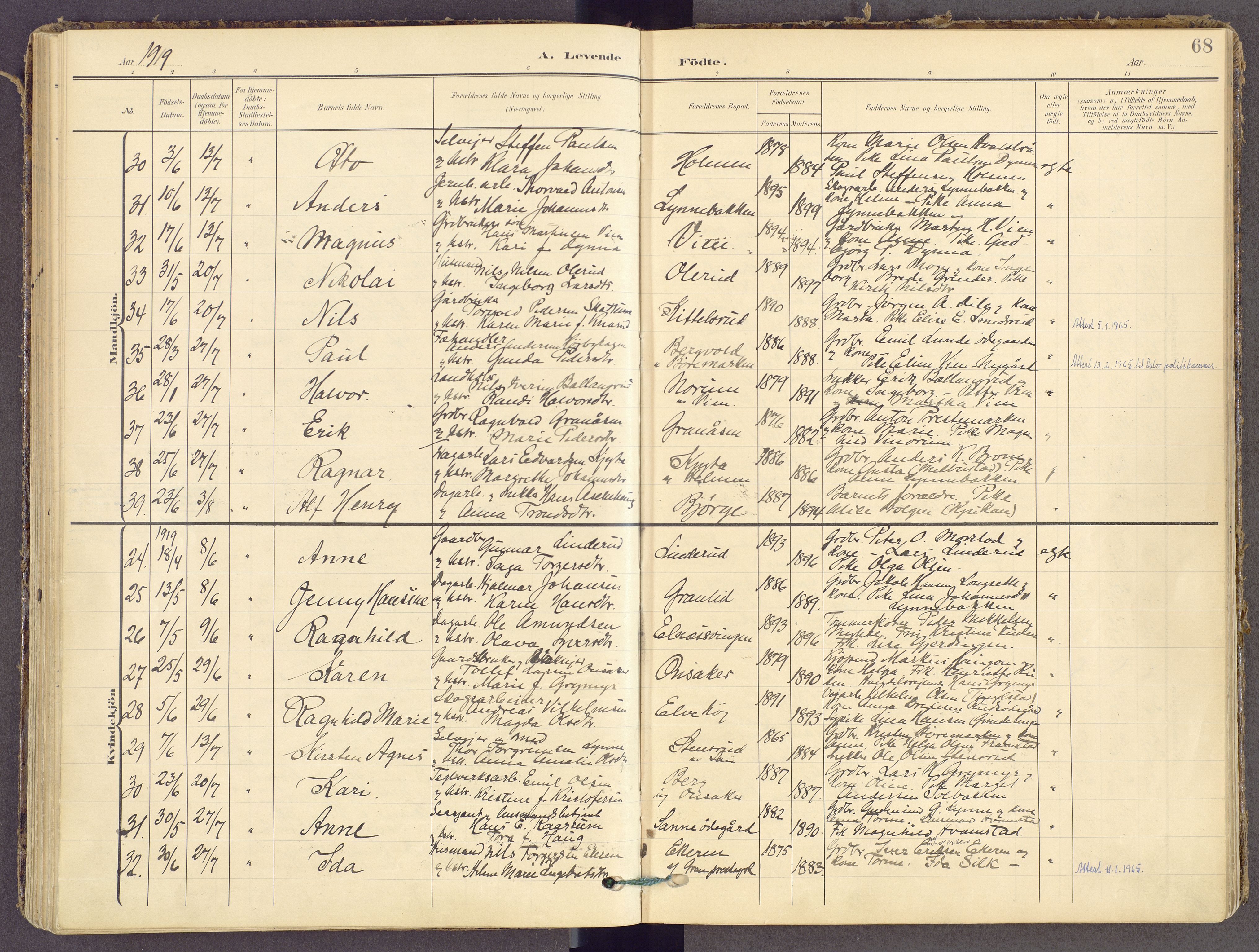 Gran prestekontor, AV/SAH-PREST-112/H/Ha/Haa/L0021: Parish register (official) no. 21, 1908-1932, p. 68