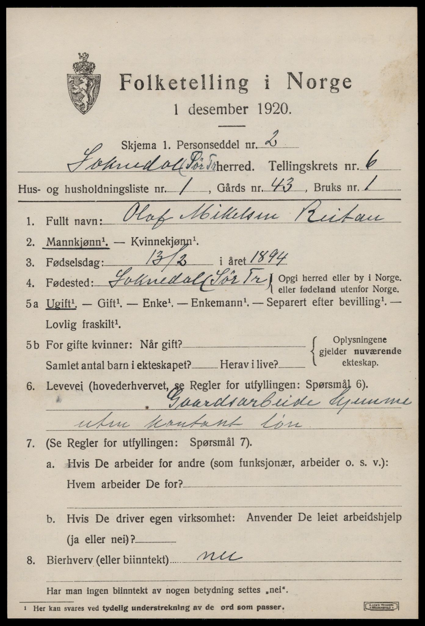 SAT, 1920 census for Soknedal, 1920, p. 3056