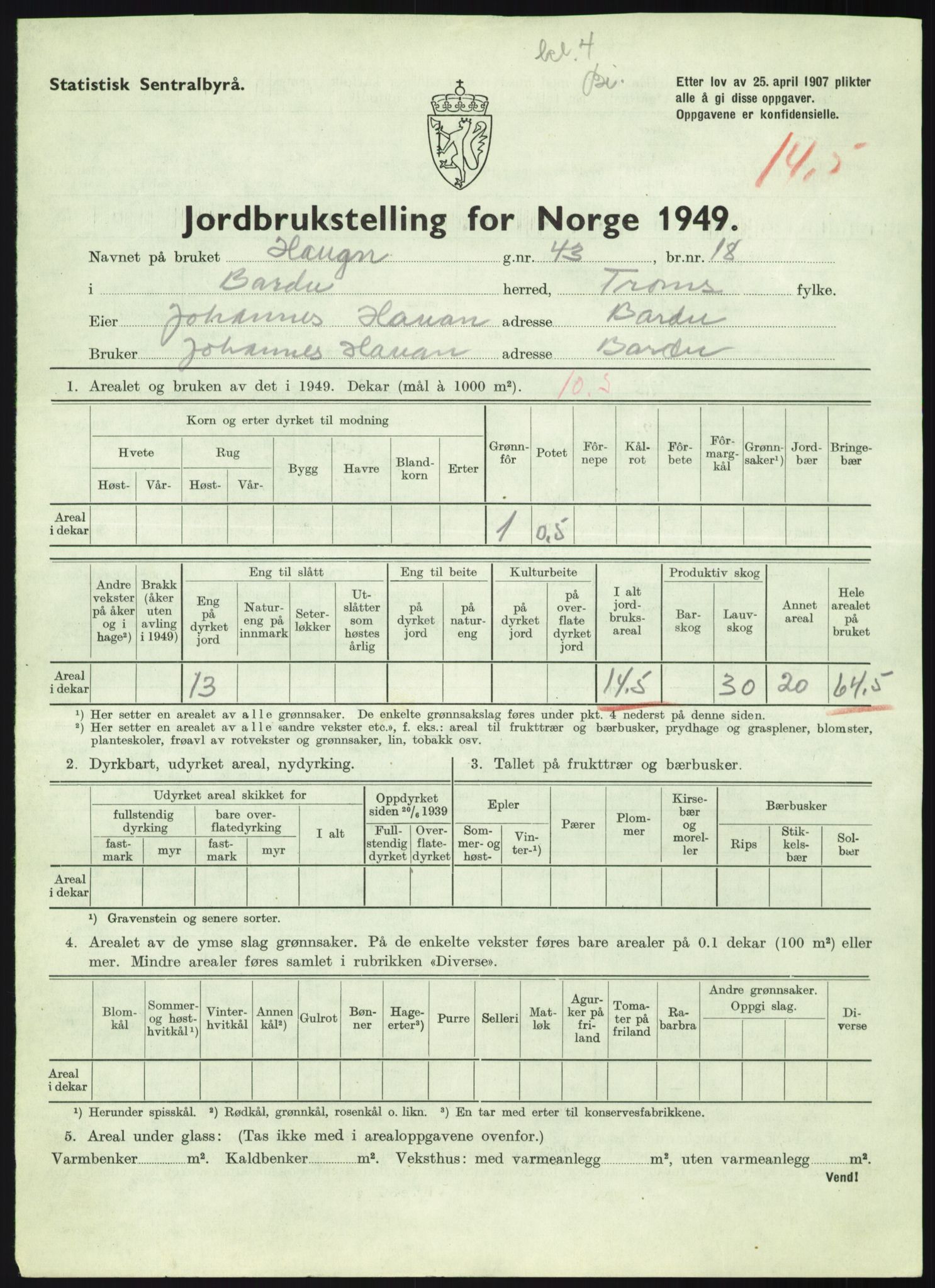 Statistisk sentralbyrå, Næringsøkonomiske emner, Jordbruk, skogbruk, jakt, fiske og fangst, AV/RA-S-2234/G/Gc/L0438: Troms: Salangen og Bardu, 1949, p. 973