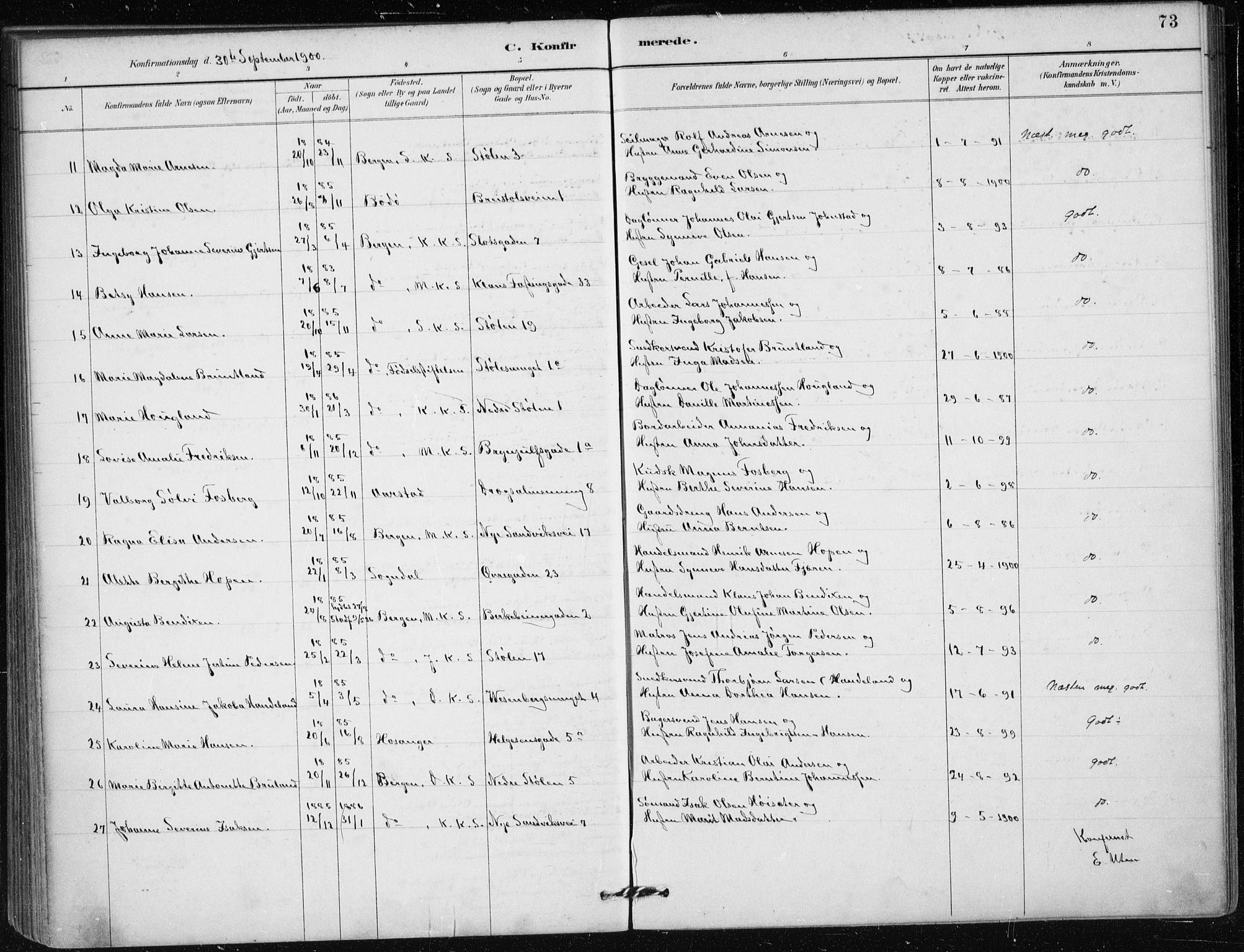 Mariakirken Sokneprestembete, AV/SAB-A-76901/H/Haa/L0013: Parish register (official) no. C 1, 1889-1900, p. 73