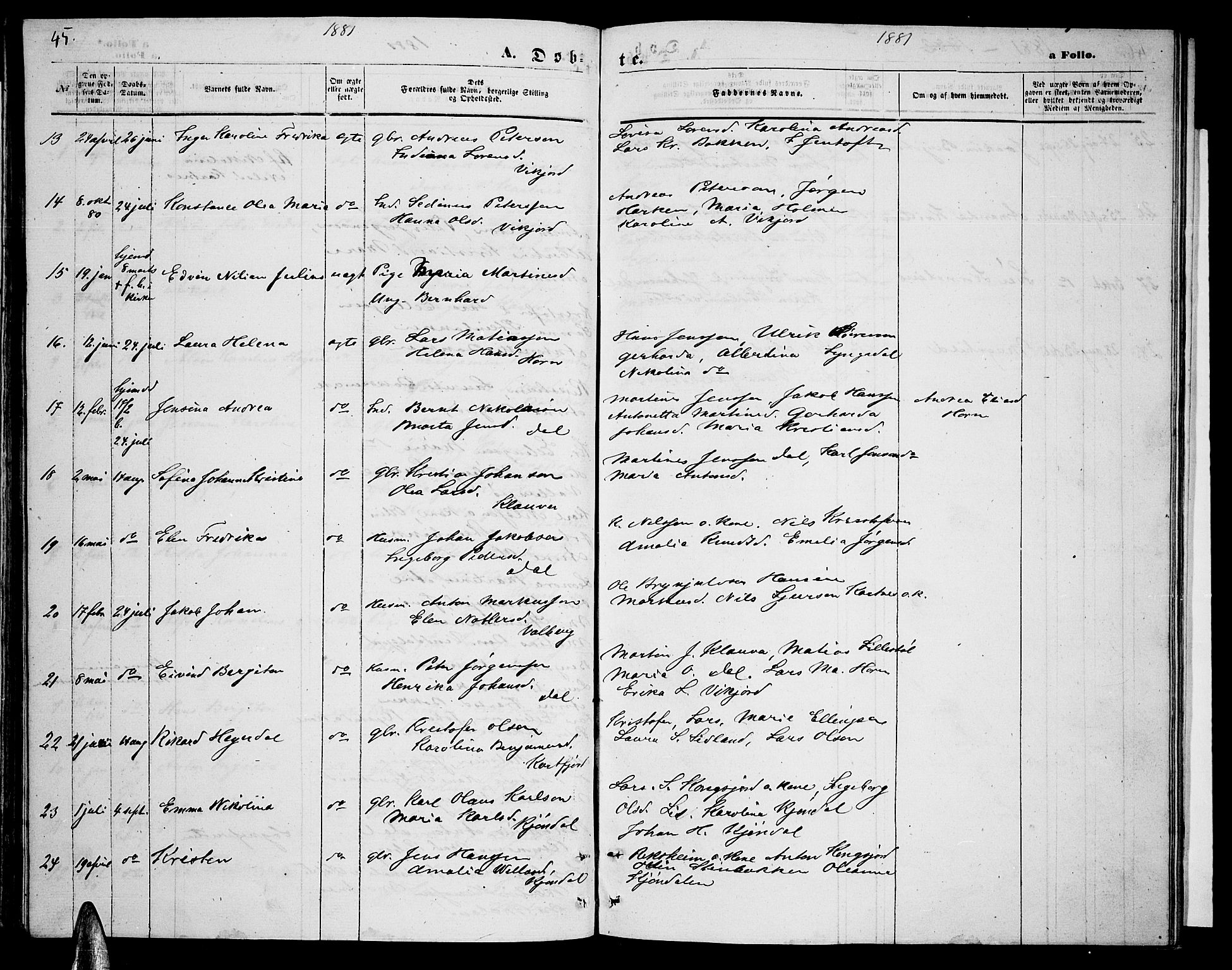 Ministerialprotokoller, klokkerbøker og fødselsregistre - Nordland, AV/SAT-A-1459/884/L1196: Parish register (copy) no. 884C02, 1860-1887, p. 45