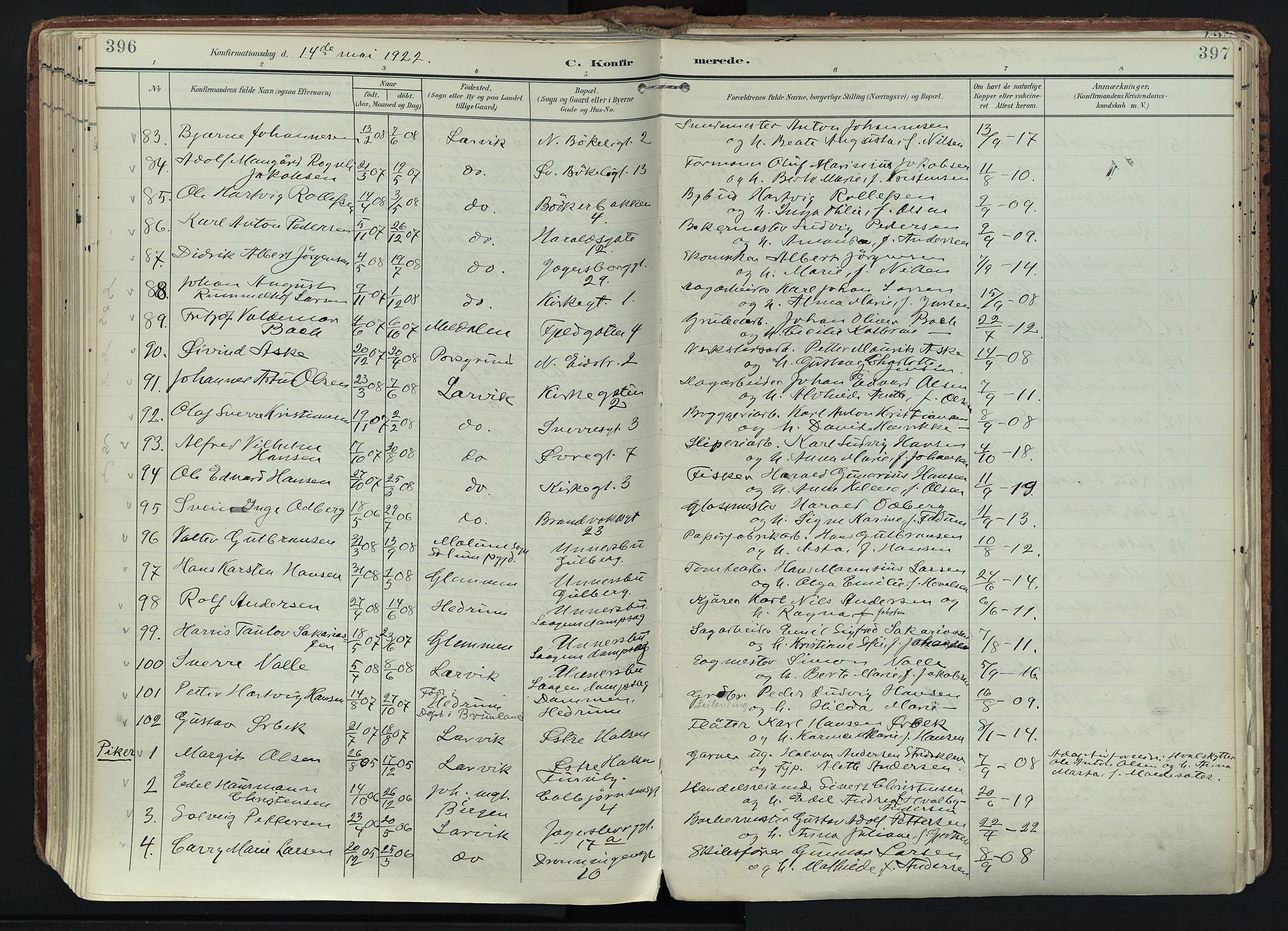 Larvik kirkebøker, SAKO/A-352/F/Fa/L0011: Parish register (official) no. I 11, 1902-1922, p. 396-397