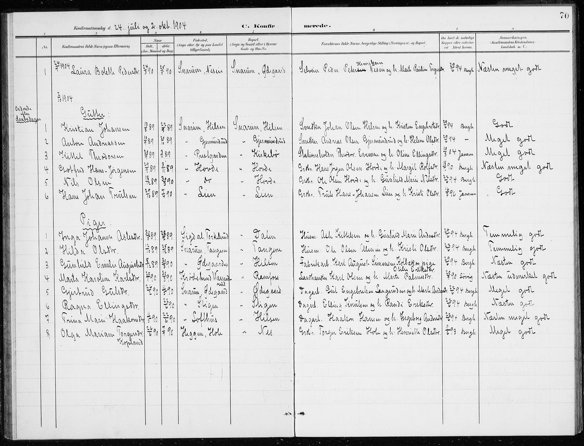 Modum kirkebøker, AV/SAKO-A-234/G/Gd/L0001: Parish register (copy) no. IV 1, 1901-1921, p. 70