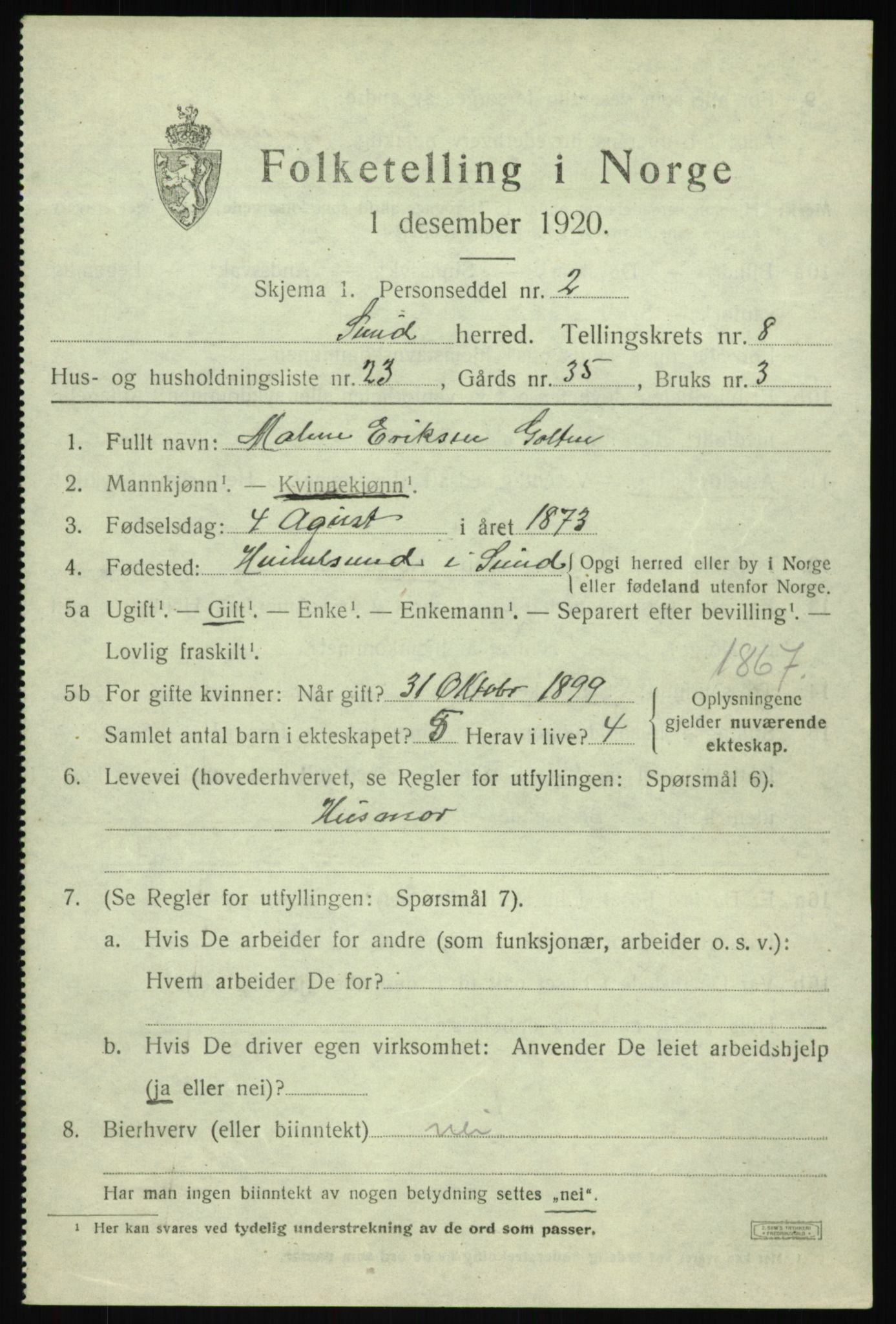 SAB, 1920 census for Sund, 1920, p. 5291