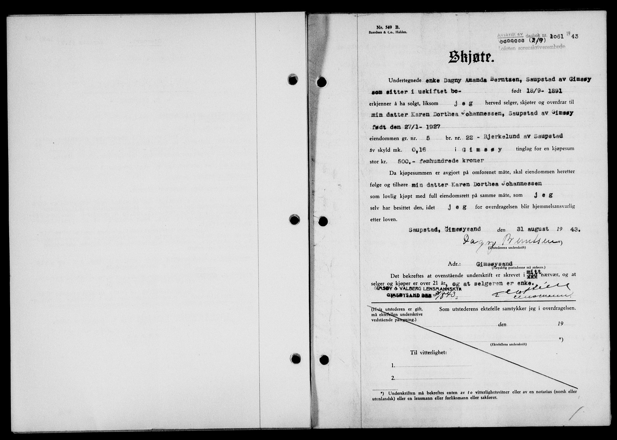 Lofoten sorenskriveri, SAT/A-0017/1/2/2C/L0011a: Mortgage book no. 11a, 1943-1943, Diary no: : 1061/1943