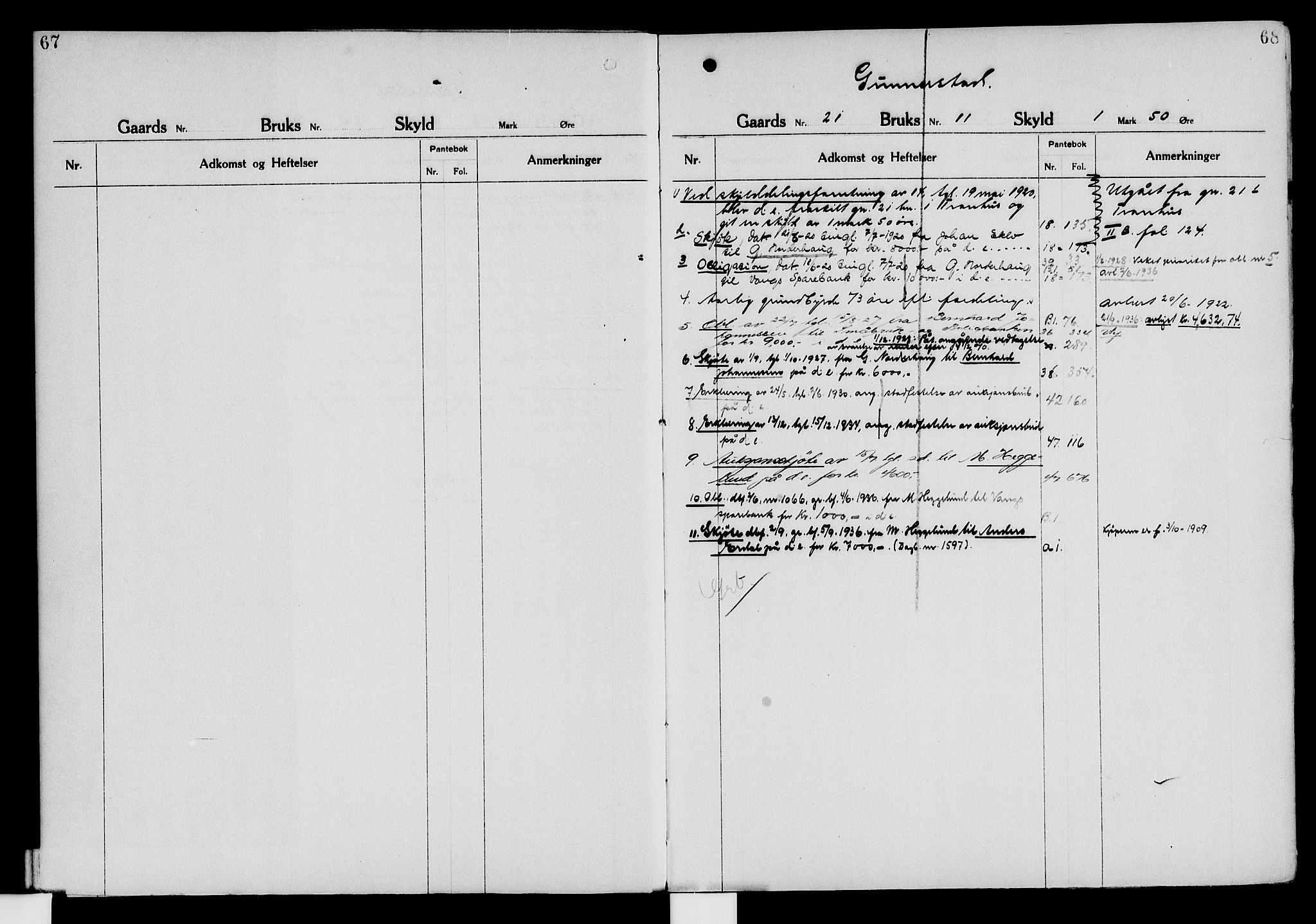 Nord-Hedmark sorenskriveri, SAH/TING-012/H/Ha/Had/Hade/L0006: Mortgage register no. 4.6, 1920-1940, p. 67-68