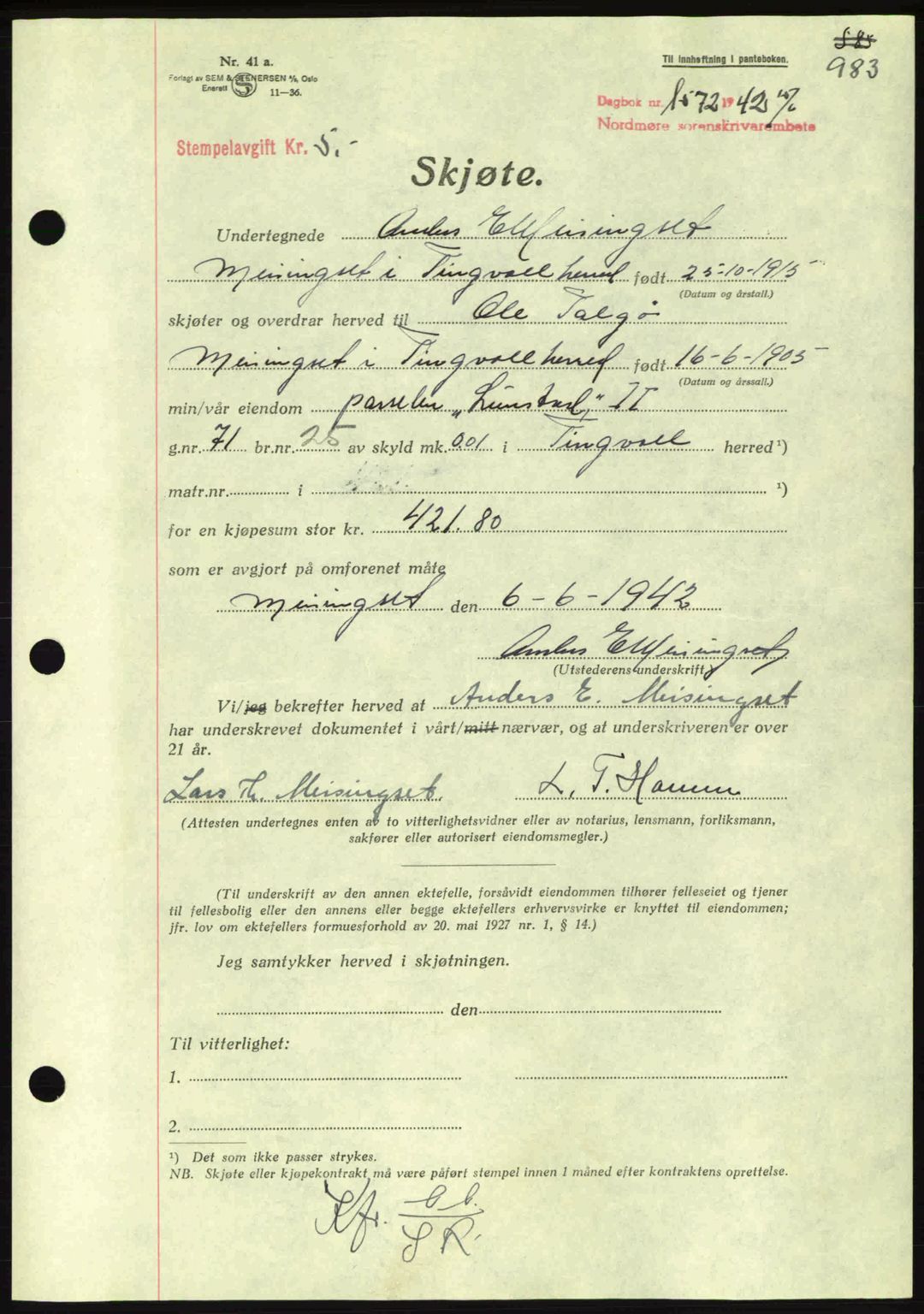 Nordmøre sorenskriveri, AV/SAT-A-4132/1/2/2Ca: Mortgage book no. A92, 1942-1942, Diary no: : 1573/1942