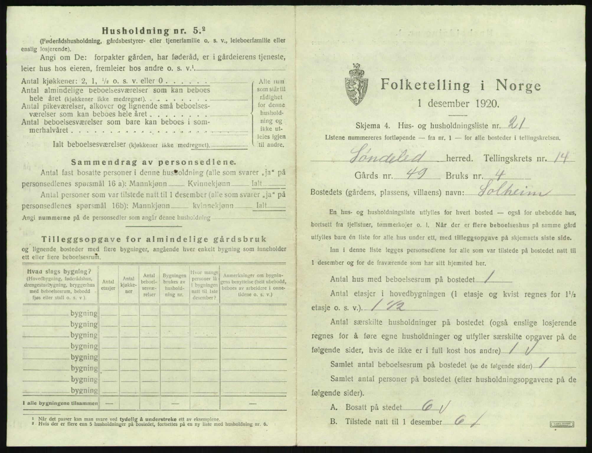 SAK, 1920 census for Søndeled, 1920, p. 1129