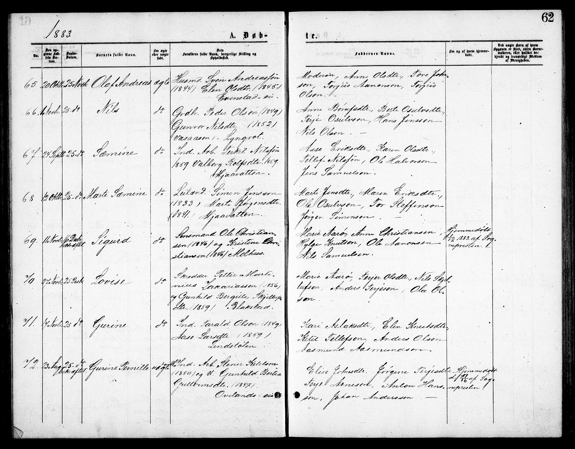 Froland sokneprestkontor, AV/SAK-1111-0013/F/Fb/L0009: Parish register (copy) no. B 9, 1875-1893, p. 62