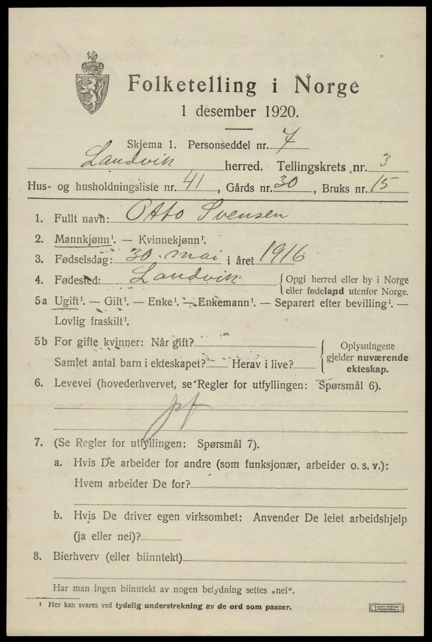 SAK, 1920 census for Landvik, 1920, p. 3302