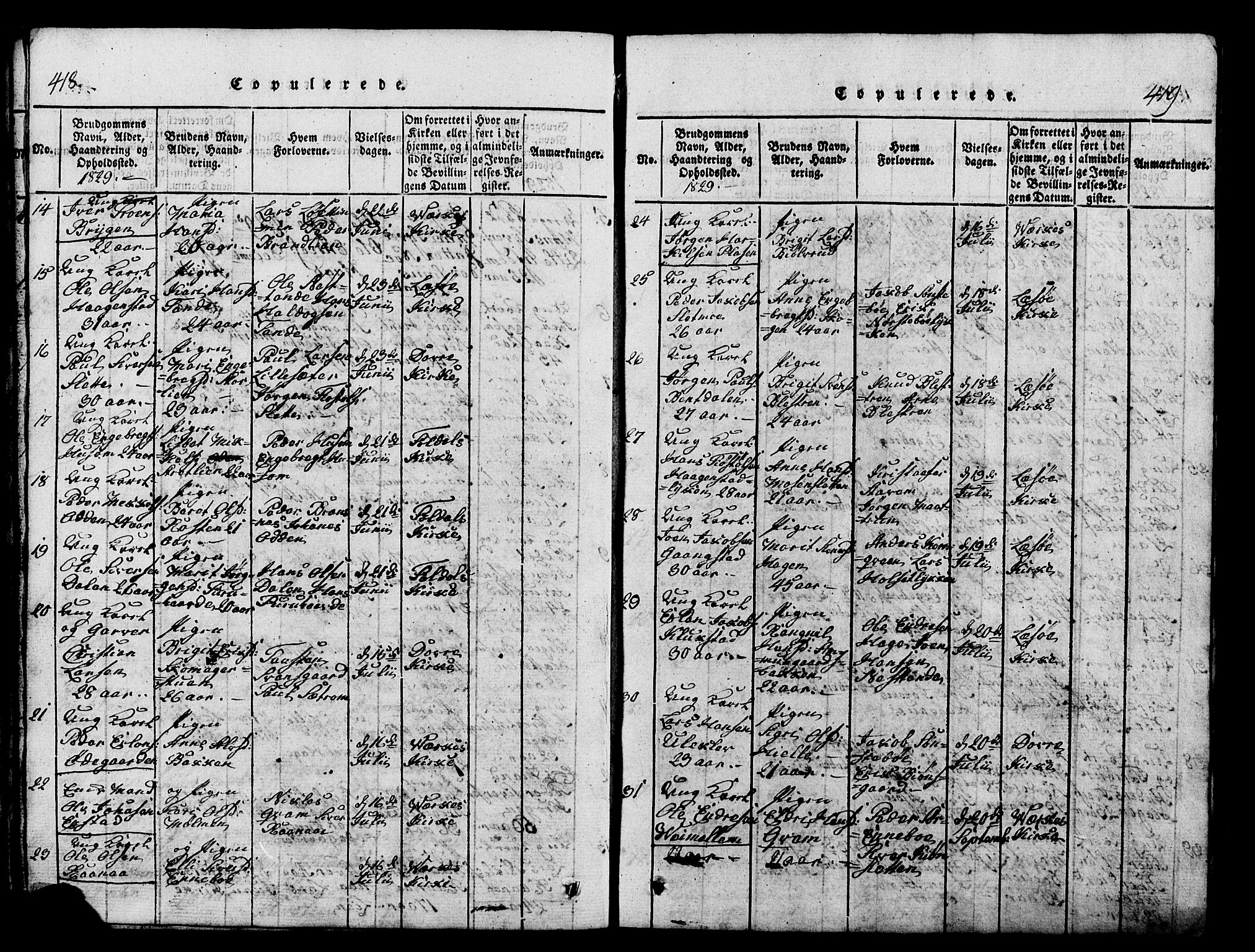 Lesja prestekontor, SAH/PREST-068/H/Ha/Hab/L0001: Parish register (copy) no. 1, 1820-1831, p. 418-419